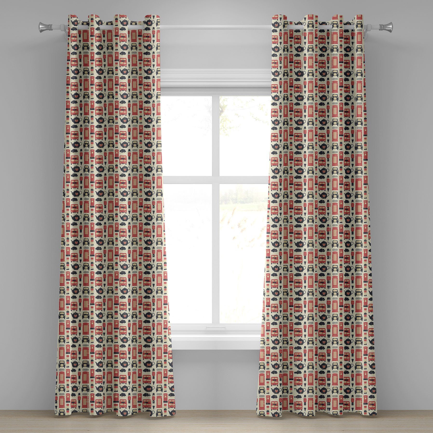Gardine Dekorative 2-Panel-Fenstervorhänge für Schlafzimmer Wohnzimmer, Abakuhaus, London Grunge Weinlese-Grafik