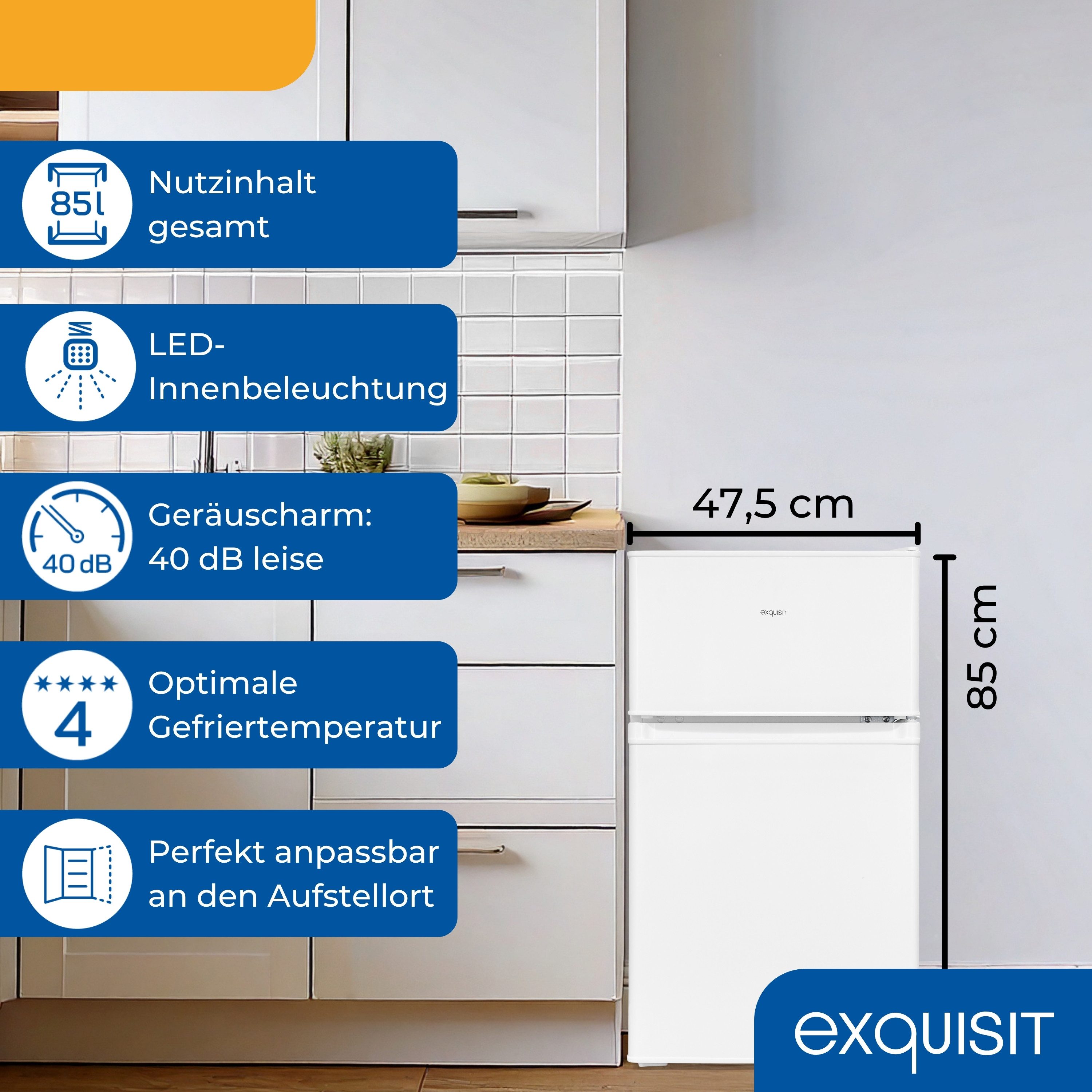 exquisit Kühlschrank KGC590-30-E-040E, 85 cm hoch, 47.5 cm breit, wechselbarer Türanschlag, 4-Sterne-Gefrieren, LED-Beleuchtung