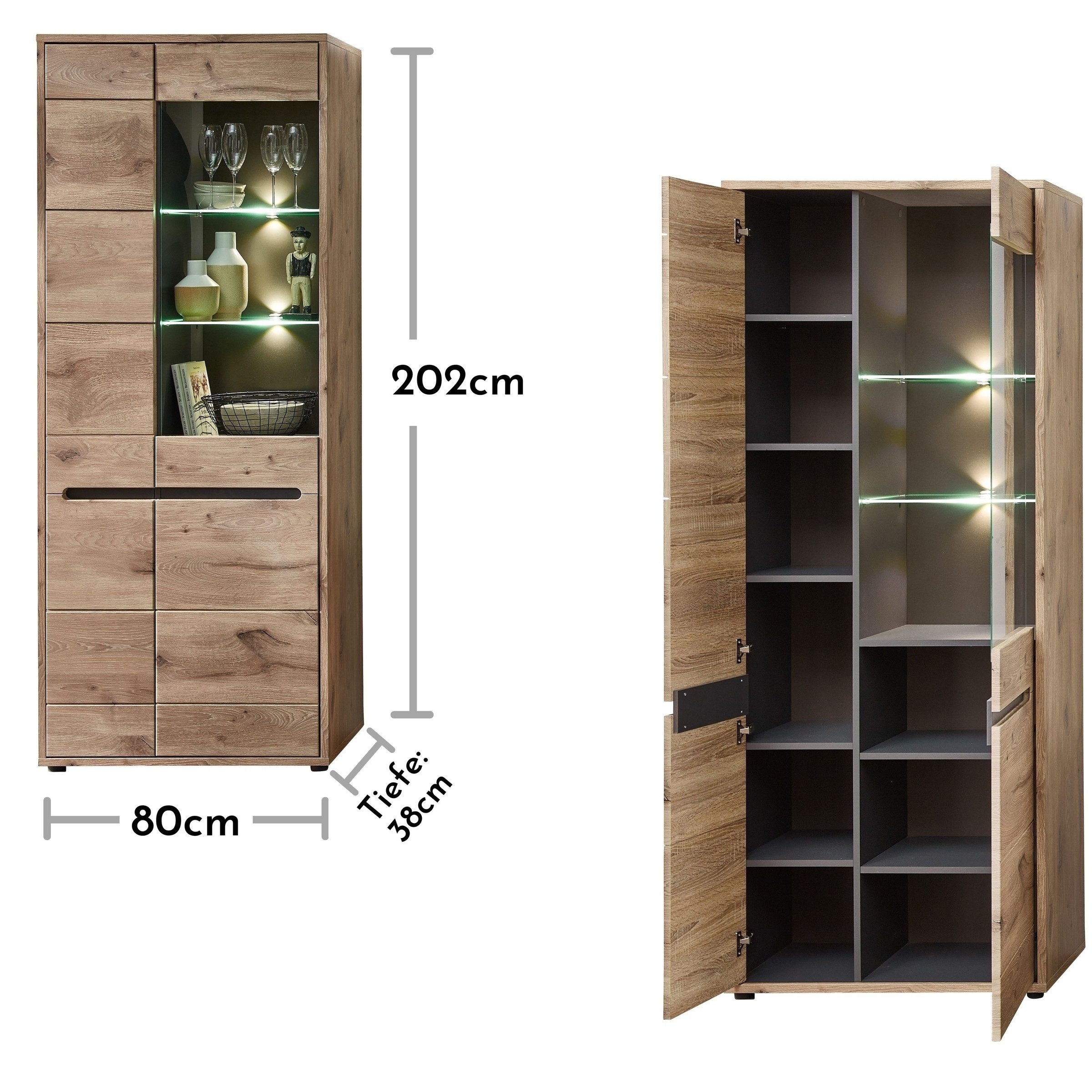 freiraum Stauraumvitrine Bellano in Viking Oak Dekor - 80x202x38 (BxHxT)