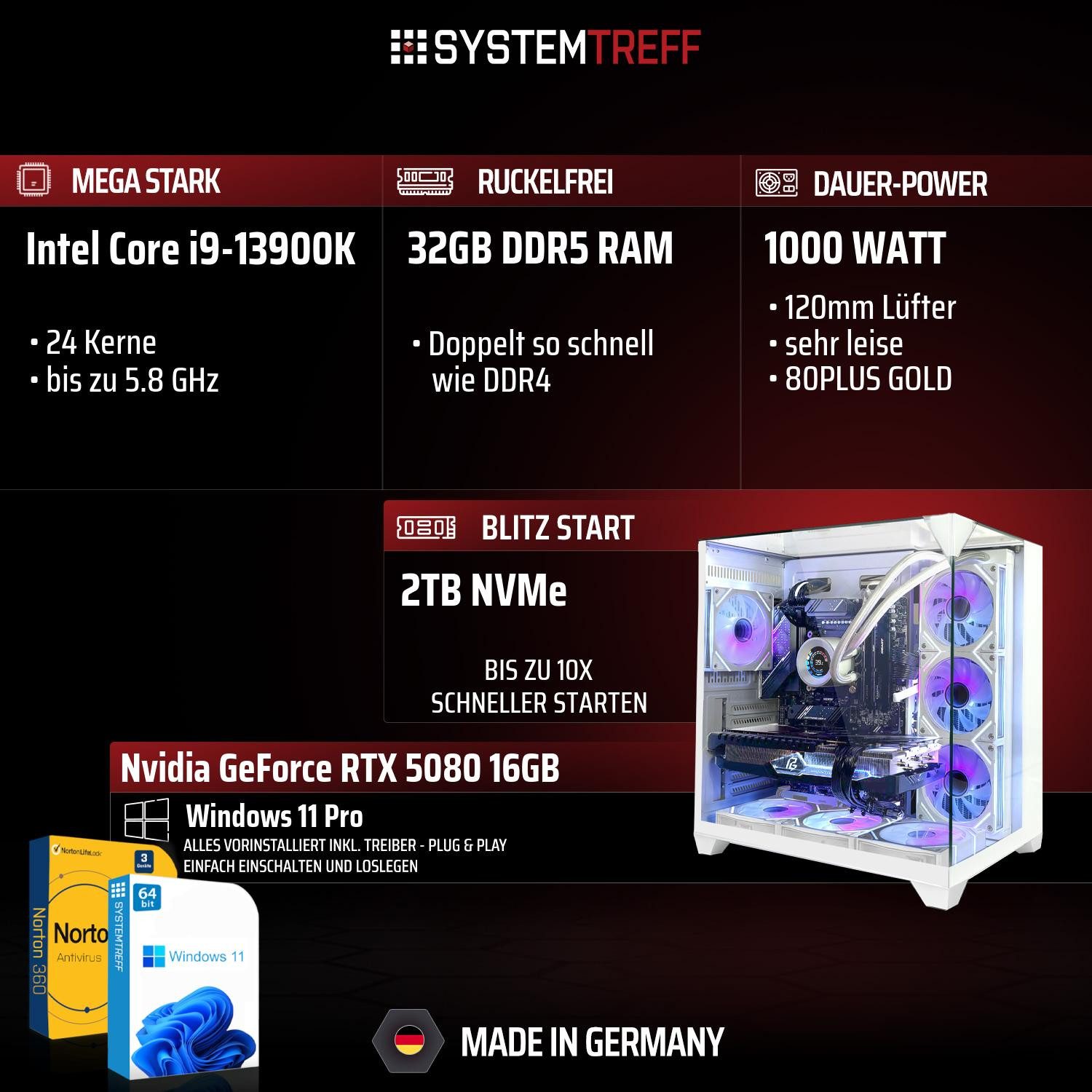 SYSTEMTREFF Intel Core i9-13900K mit Nvidia GeForce RTX 5080 16GB Gaming-PC (Intel 13900K 13900K, Nvidia GeForce RTX 5080, 32 GB RAM, 2000 GB SSD, Wasserkühlung)