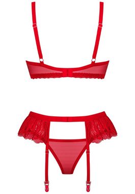 Obsessive Set: Bügelloser BH 3 tlg. Dessous Set: BH, Strumpfhalter und String Spitze - rot