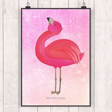 Mr. & Mrs. Panda Poster DIN A3 Flamingo stolz - Aquarell Pink - Geschenk, Handgemaltes Poster, Flamingo stolz (1 St)