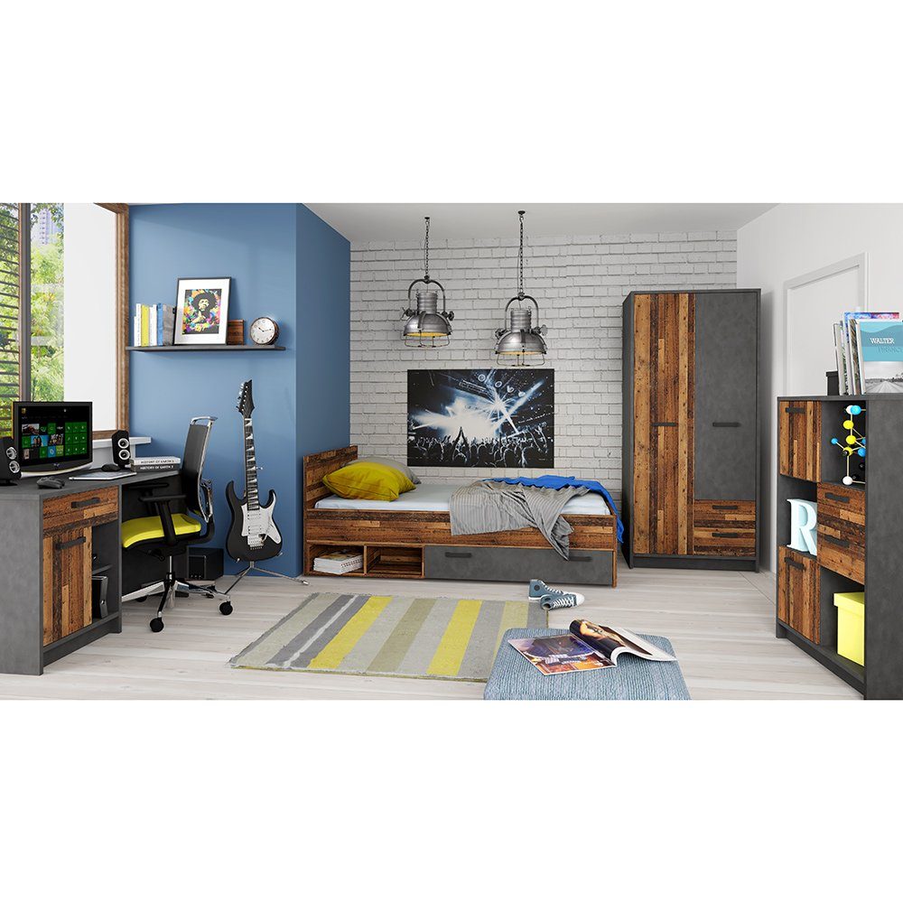 Lomadox Jugendzimmer-Set NELSON-129, (Sparset, 4-tlg), mit Bett 90x200 in grau mit Holz