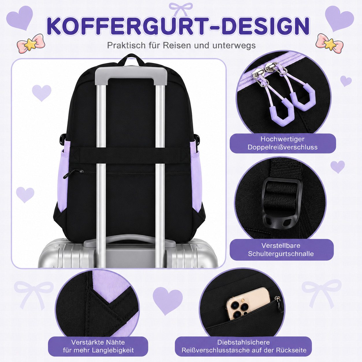 MOPUEA Schulrucksack Schulrucksack Set 3tlg Schulrucksack mit Lunchpaket und Mäppchen (Set, 3-tlg., Leicht Schulrucksack Teenager für Schule, Reisen und Freizei – Bild 4 von 5