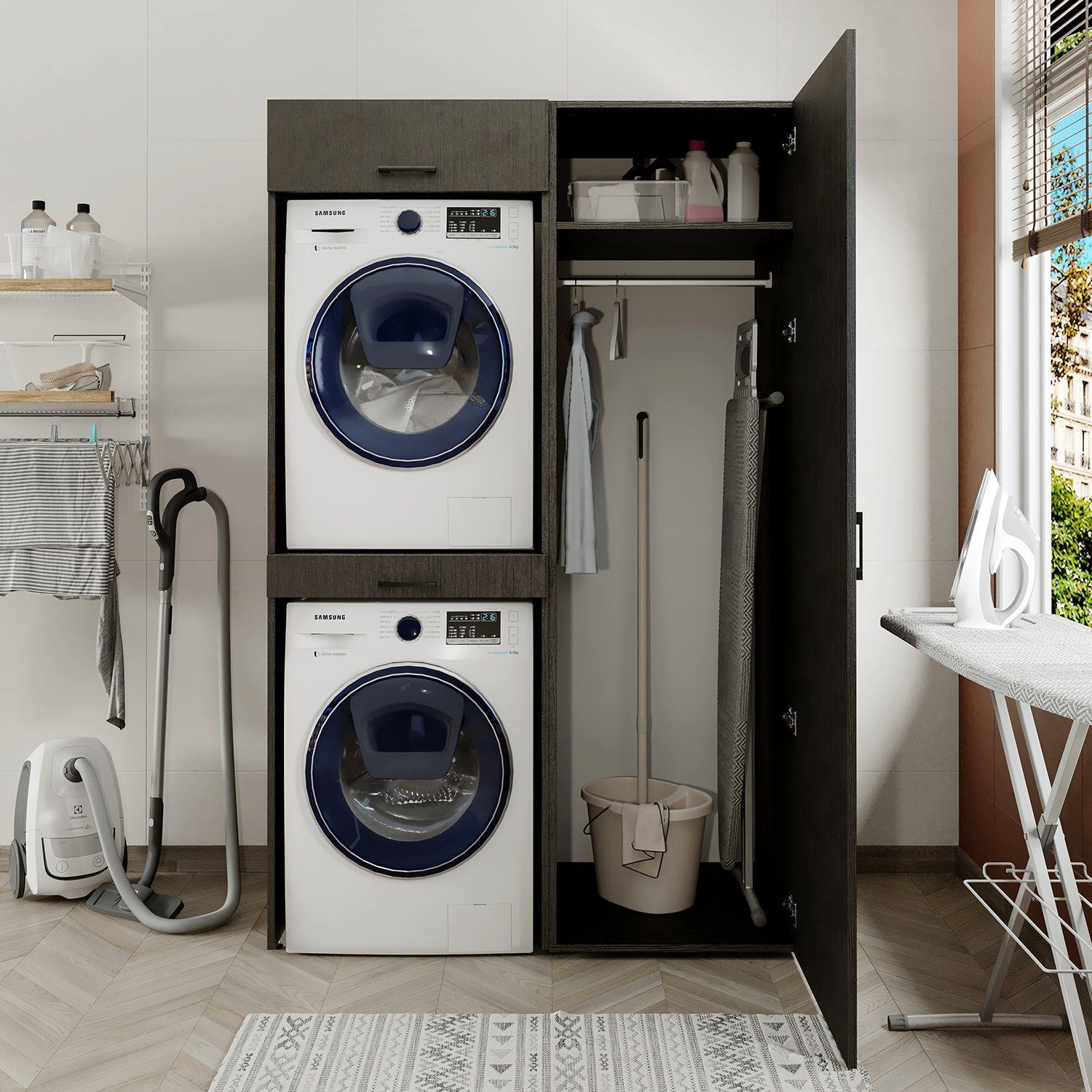 Roomart Waschmaschinenumbauschrank (Waschmaschinenschrank eiche schwarz schwarz Trockner Überbauschrank) und für Waschmaschine 