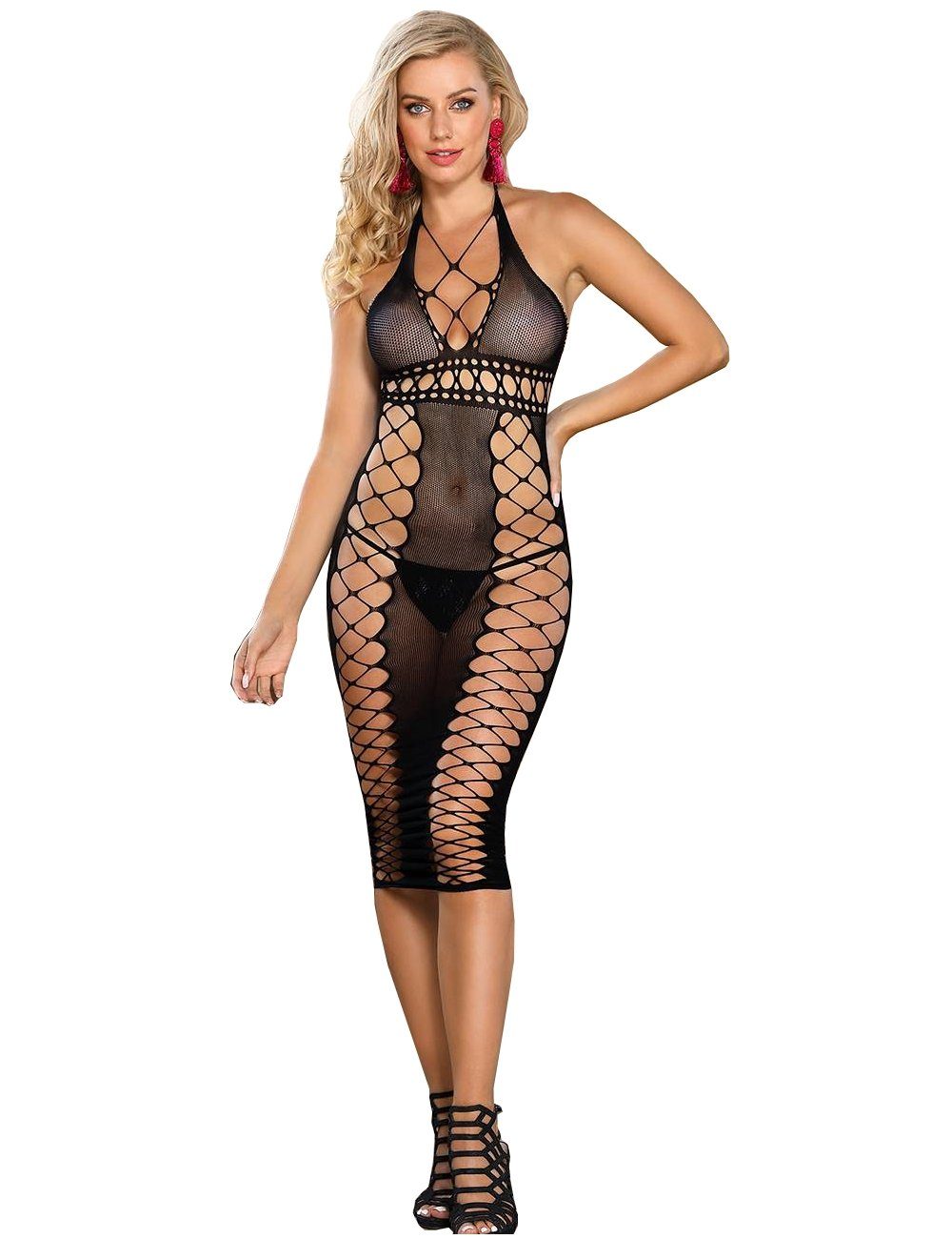Lau-Fashion Bodystocking Catsuit Kleid Transparenz Body Stocking Fishnet Nylon Dessous S M L XL