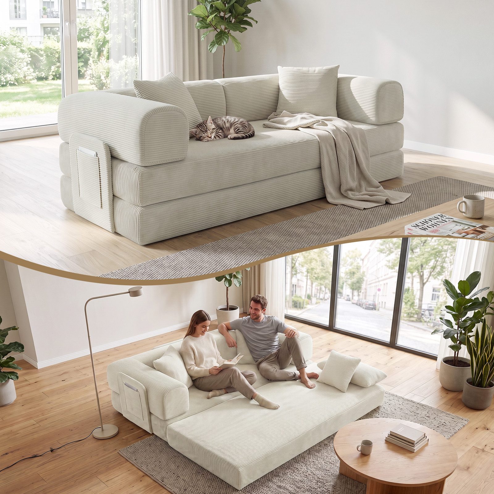 ANYSUN 3-Sitzer 4-in-1 Cord-Schlafsofa, lappbares Bodensofa,Knochenloses Sofa, Schlafsofa Klappbar mit 2 Kissen & Stahlgeste, Tatami-Bodensofa für Wohnzimmer, Schlafzimmer und Wohnungen