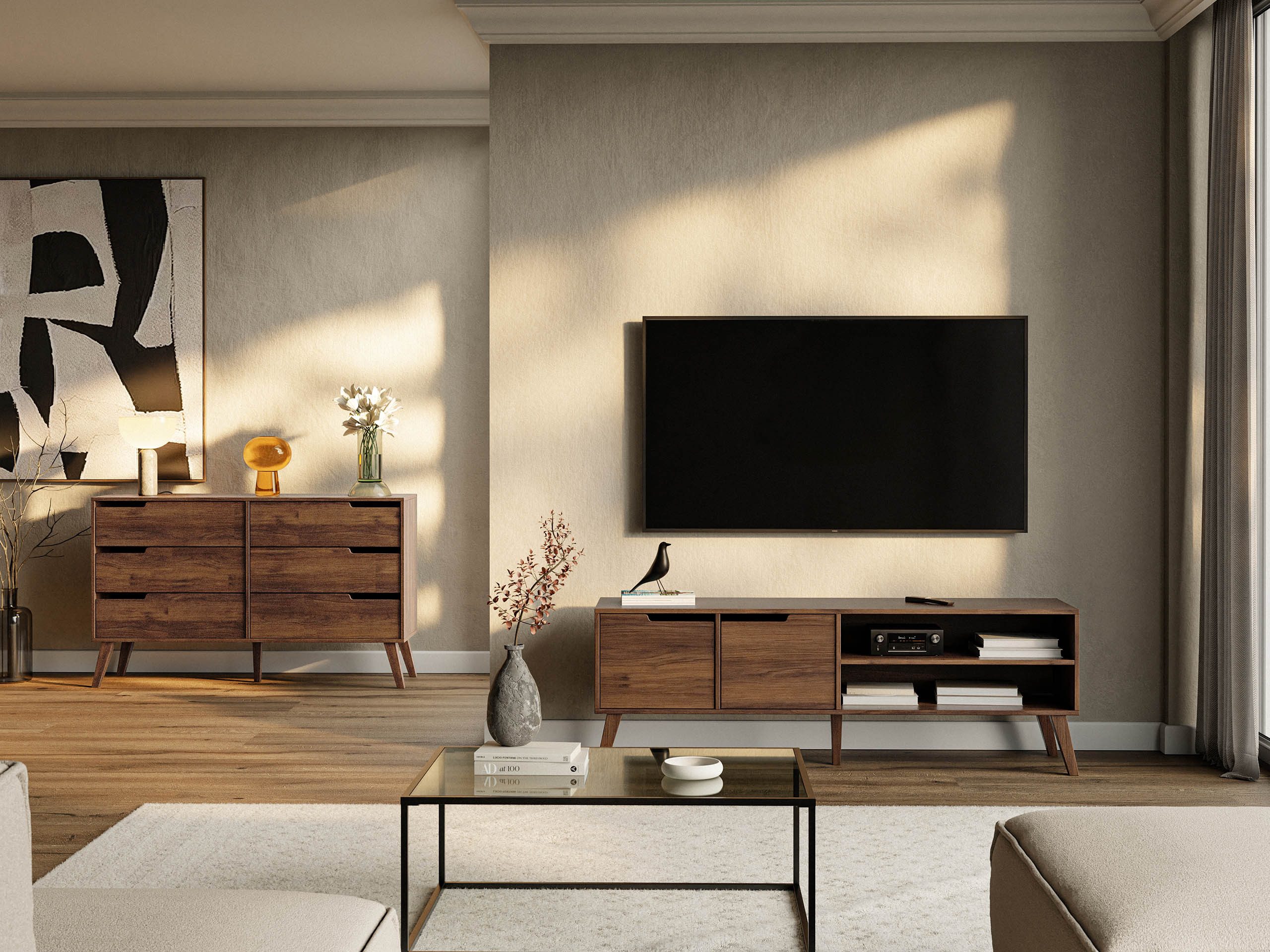 MIRJAN24 Wohnzimmer-Set Nordelo II, (2er-Set, Kommode, TV-Lowboard), Holzfüße