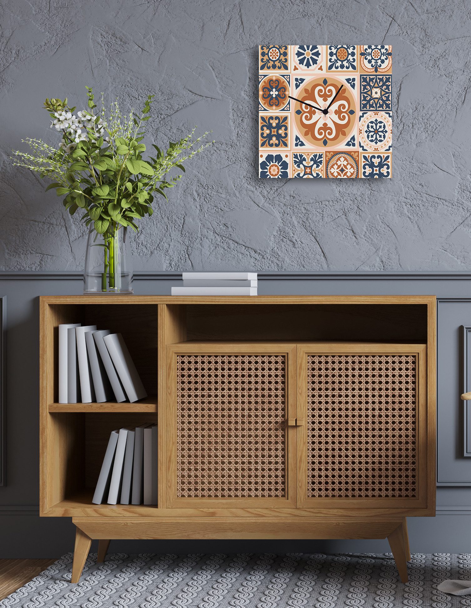 queence Wanduhr Mediterran, Fliesenoptik (Uhr, geräuschlos, Mosaik, Kachel, blau, beige, weiß)