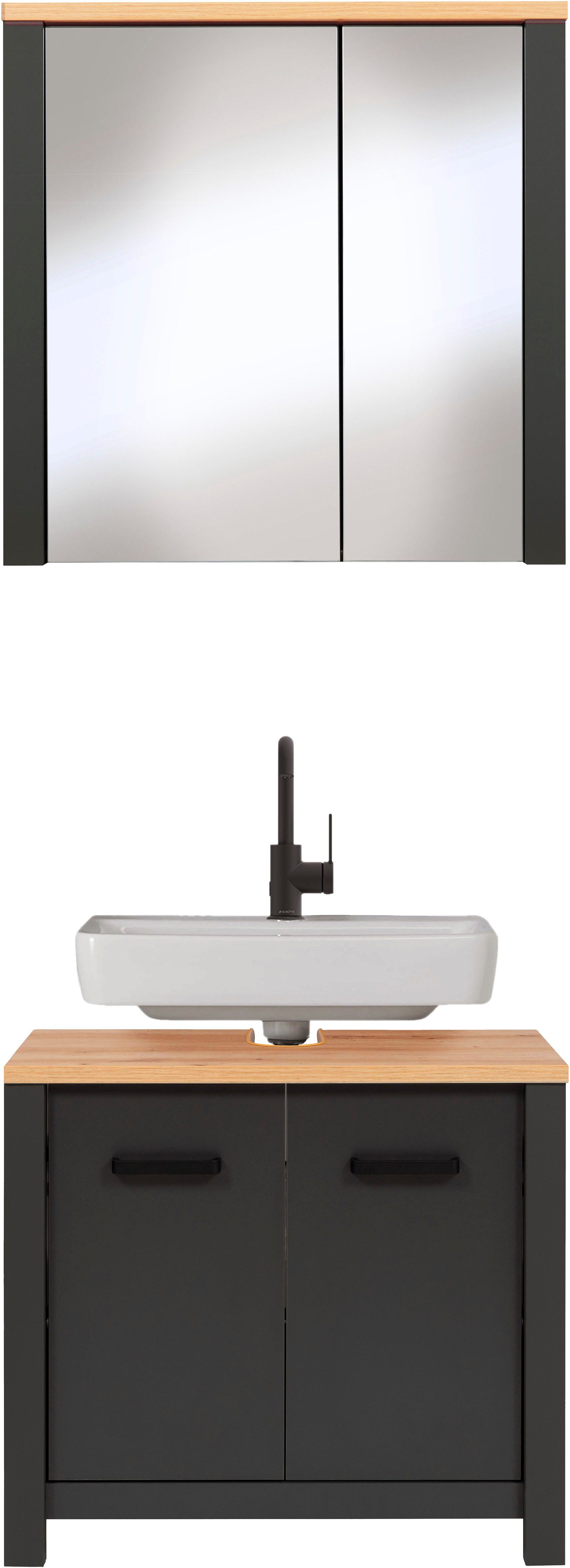Inter Link Waschtisch-Set Pienza, 2-tlg. Badmöbel-Set mit Stauraum in Anthrazit/Eiche-Optik, (2-St), Badezimmermöbel mit Waschbeckenunterschrank & Spiegelschrank