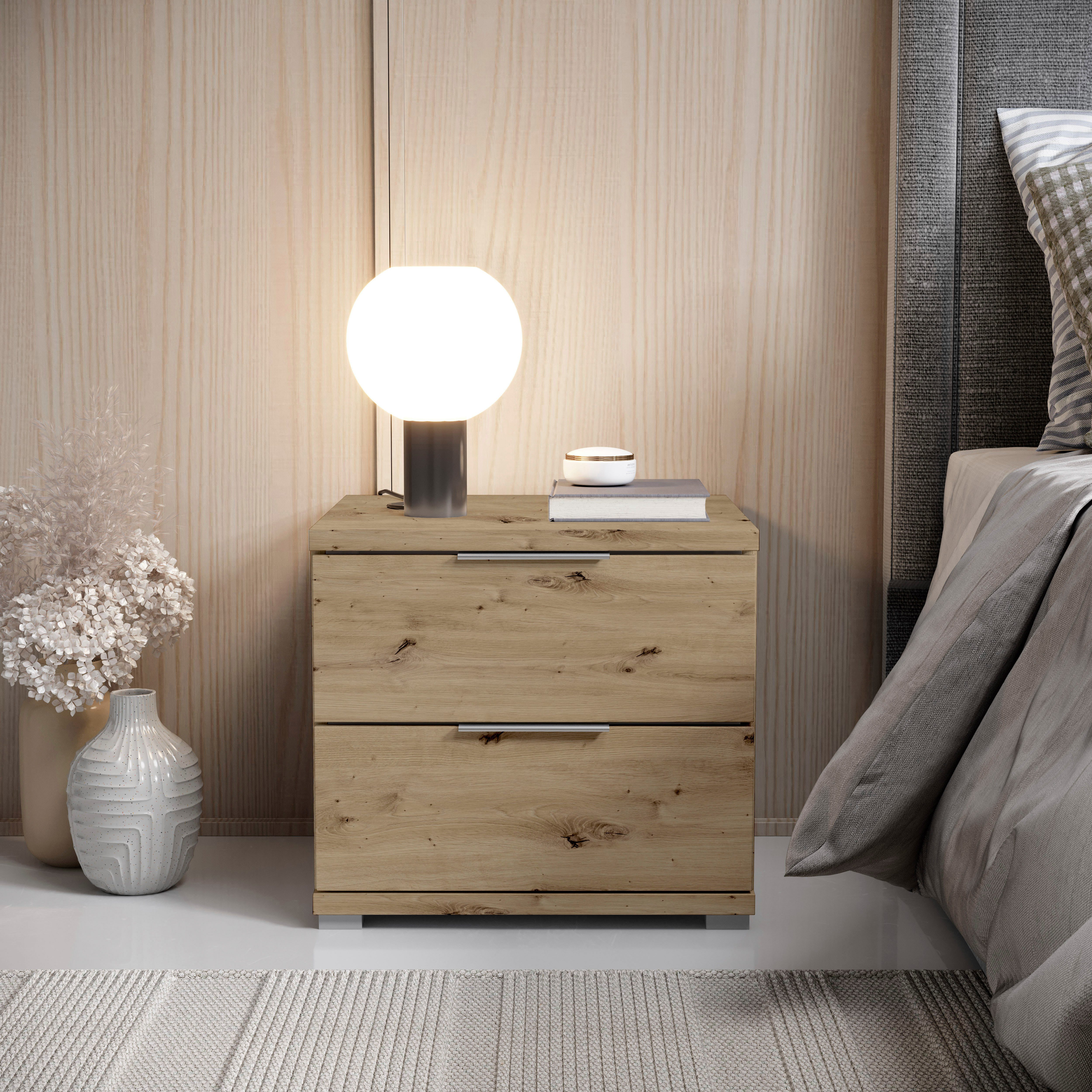 Schlafkontor Nachtkommode Smilla Nachttisch, Nachtkonsole mit Schubkästen, Korpus melaminbeschichtet, silberfarbige oder schwarze Griffe