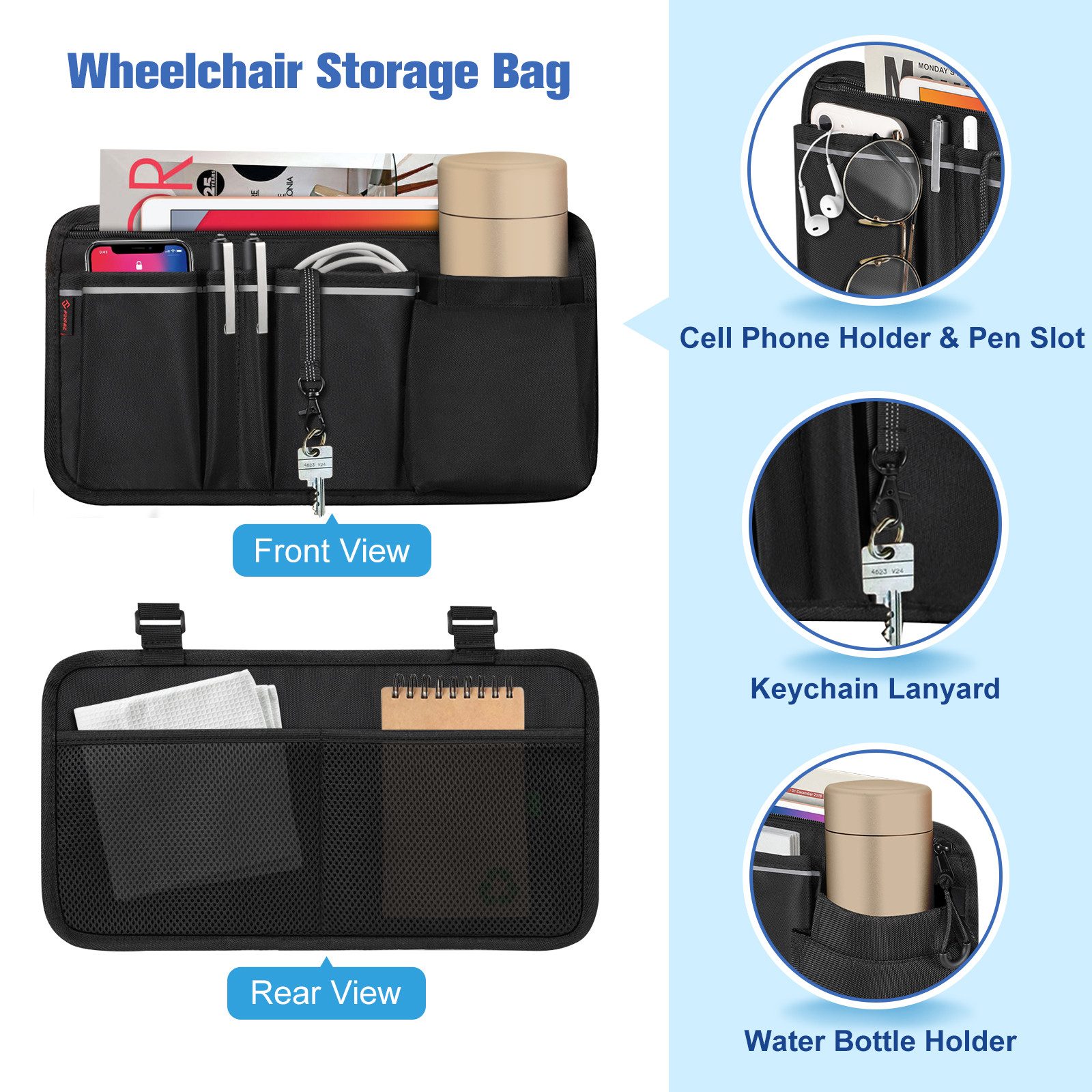 Fintie Rollstuhltasche für Armlehne-Rollstuhlsack mit Flaschenhalter, reflektierende Streifen, Tasche für Rollator, Rollstuhl, Kinderwagen, Walker, Mobility Sco – Bild 2 von 5