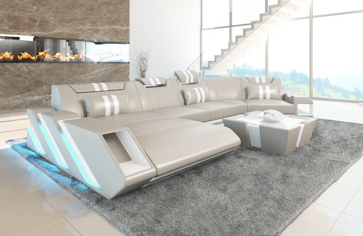 Sofa Dreams Wohnlandschaft Ledercouch Sofa Leder Apollonia C Form Ledersofa, Couch, mit LED, wahlweise mit Bettfunktion als Schlafsofa, Designersofa