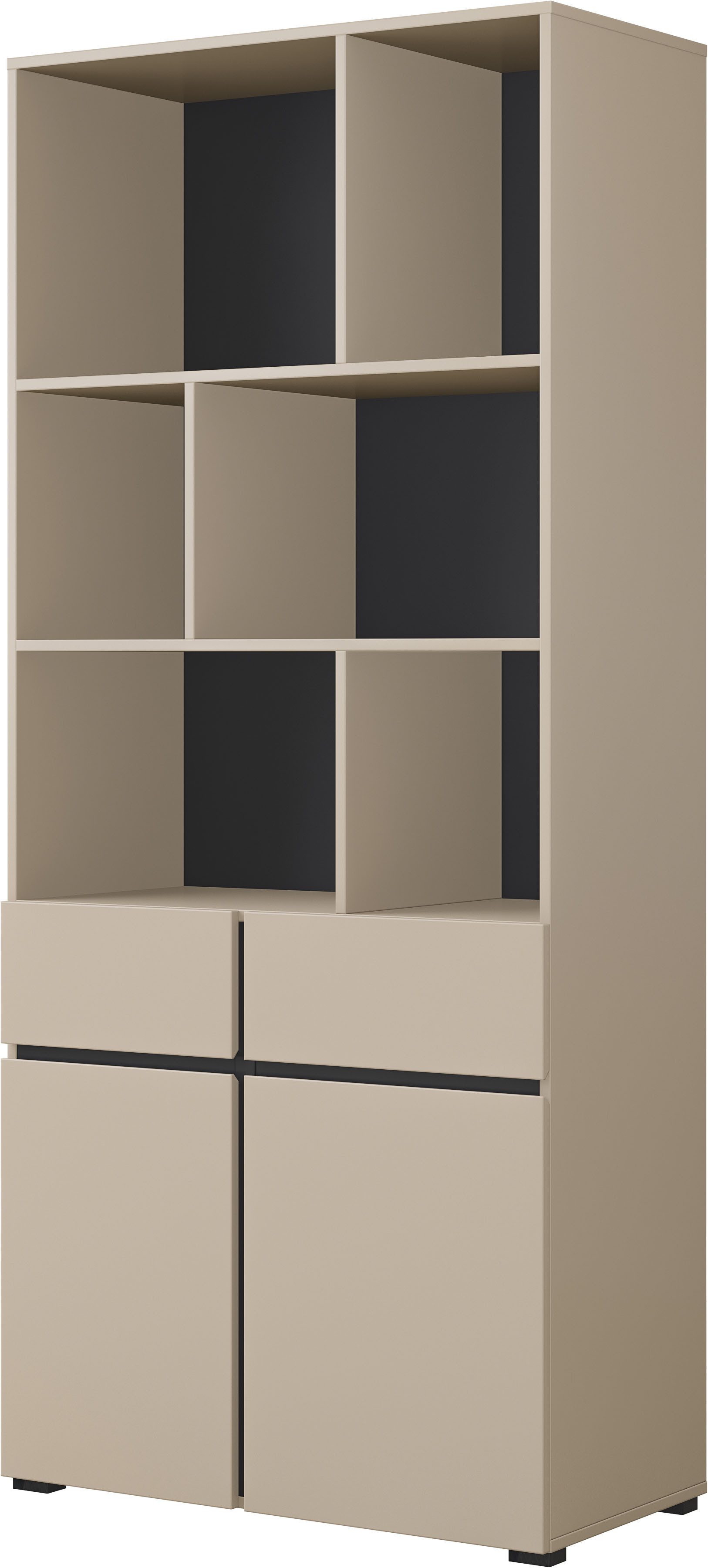 OTTO home Aktenschrank Cross, Breite 85 cm, modernem grifflose Standregal, Bücherregal Standregal mit 6 offene Fächern, 2 Schubladen und 2 Türen, Büroregal
