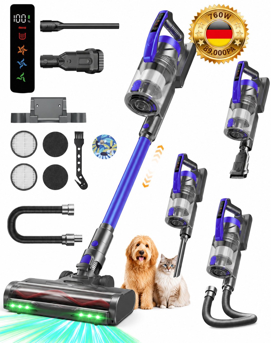 ZOOMCAT Akku-Hand-und Stielstaubsauger 89KPA/760W/70Mins akkustaubsauger,Hand- und Stiel-Staubsauger Kabellos, 760 W, beutellos, V‑förmige …