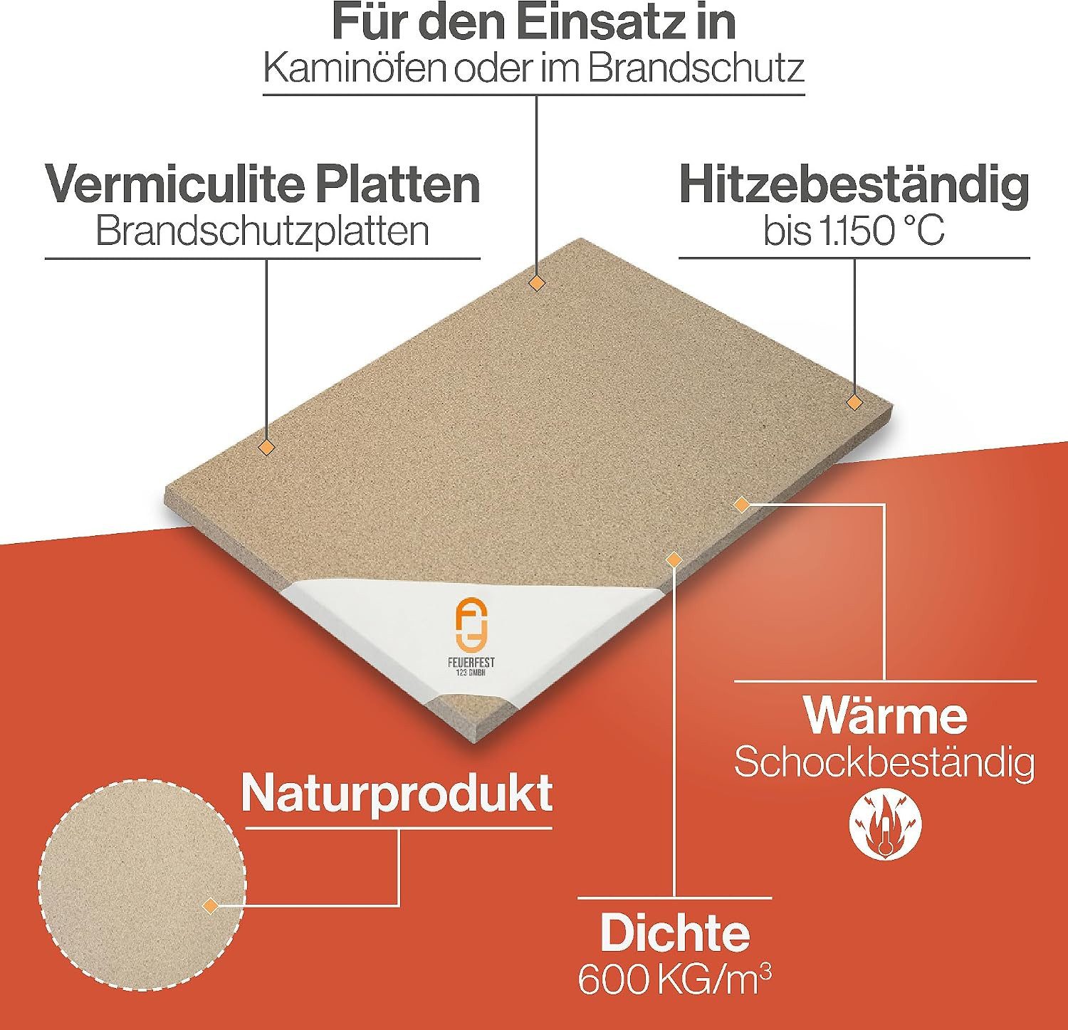 Feuerfest 123 GmbH Feuerraumplatten Vermiculite Platte 300x200x25mm 600KG/m³, - Hitzebeständig bis 1.150 °C - Brandschutzplatte Feuerraum – Bild 3 von 5
