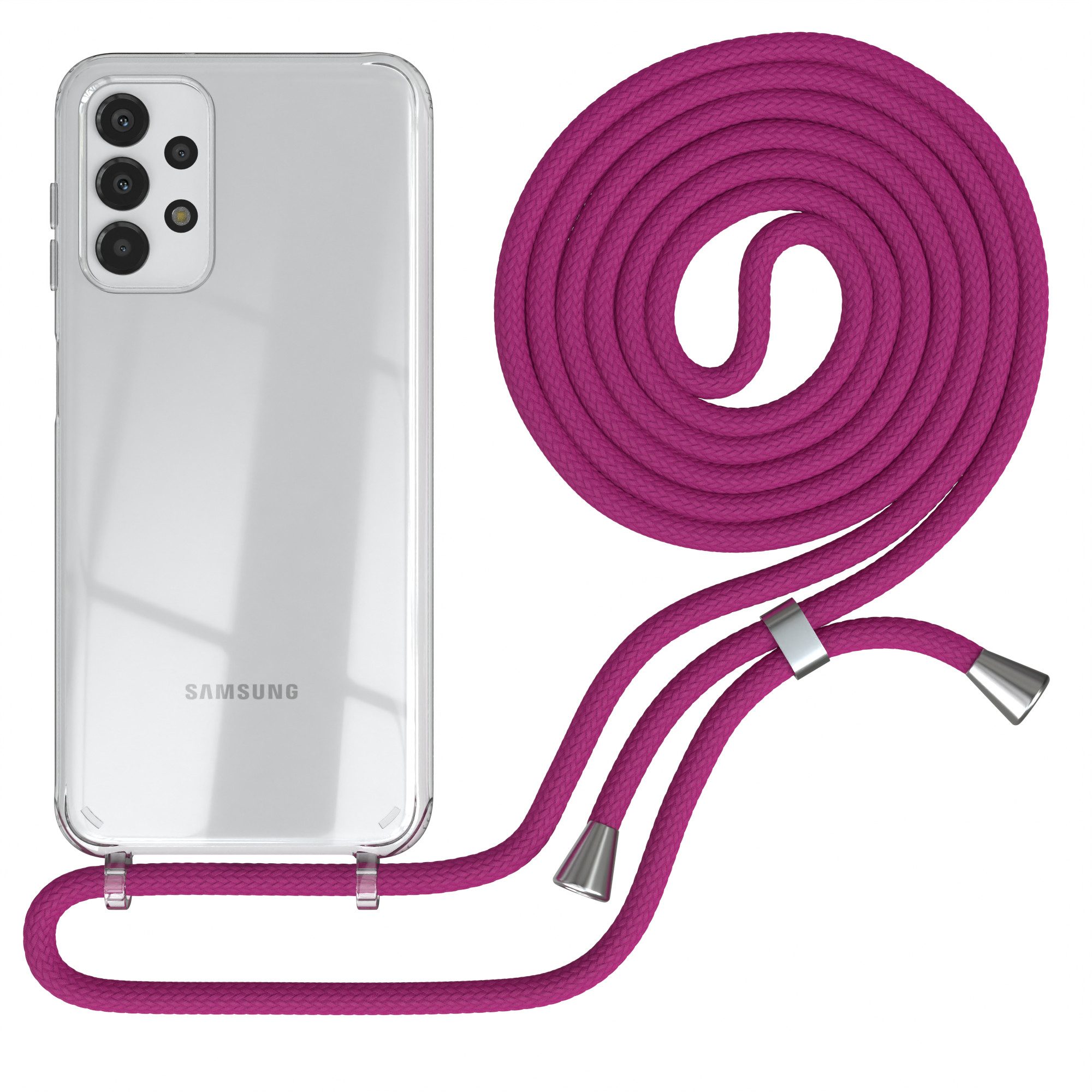 EAZY CASE Handykette Hülle mit Kette für Samsung Galaxy A13 6,6 Zoll, Handykordel Slimcover mit Umhängeband zum Umhängen Pink / Clip Silber