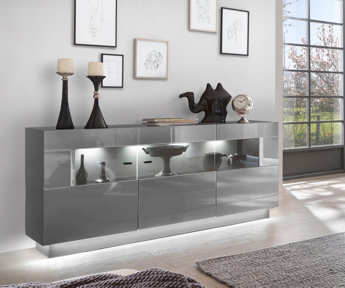 möbelando Sideboard DENIRA 084-03 (BxHxT: 160x85x43 cm), in Hochglanz Anthrazit mit 3 Türen und 9 Fächern