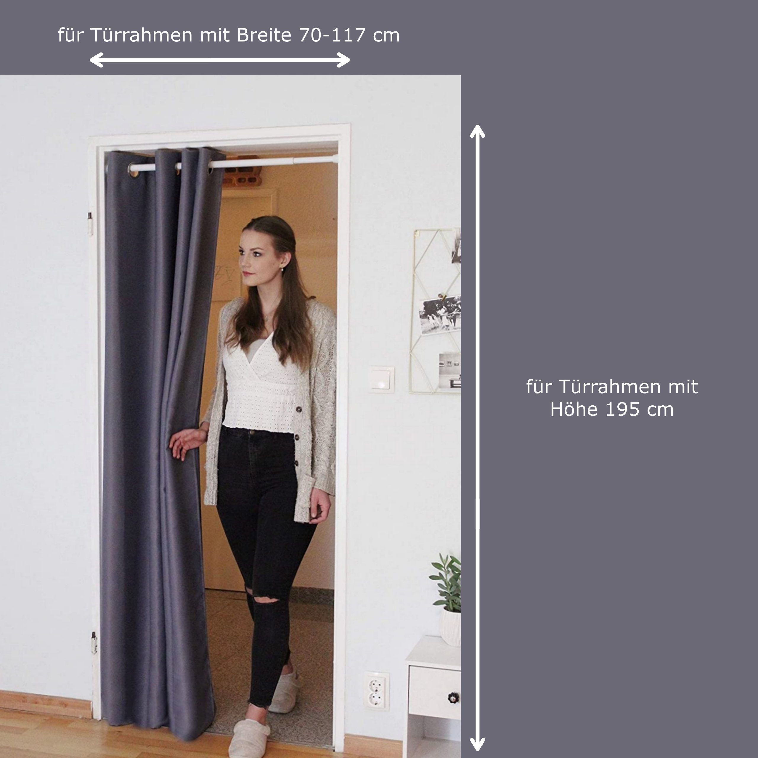 Türvorhang mit Stange silber 70-120 cm Thermo Vorhang ohne Bohren, blickdicht, tinycurtains, Ösen, abdunkelnd, Polyester, grau Nebula, Türgardine mit Klemmstange Raumtrenner verdunkelnd