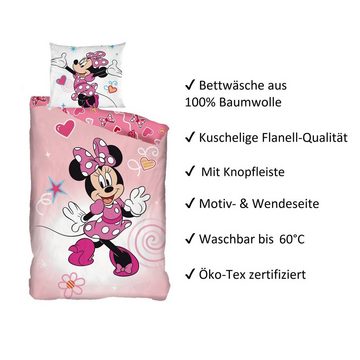 Kinderbettwäsche rosa Minnie Mouse Motiv mit Herzen und Schleifen 135x200 + 80x80 cm, Familando, Flanell, 2 teilig, mit Motiv und Wendeseite