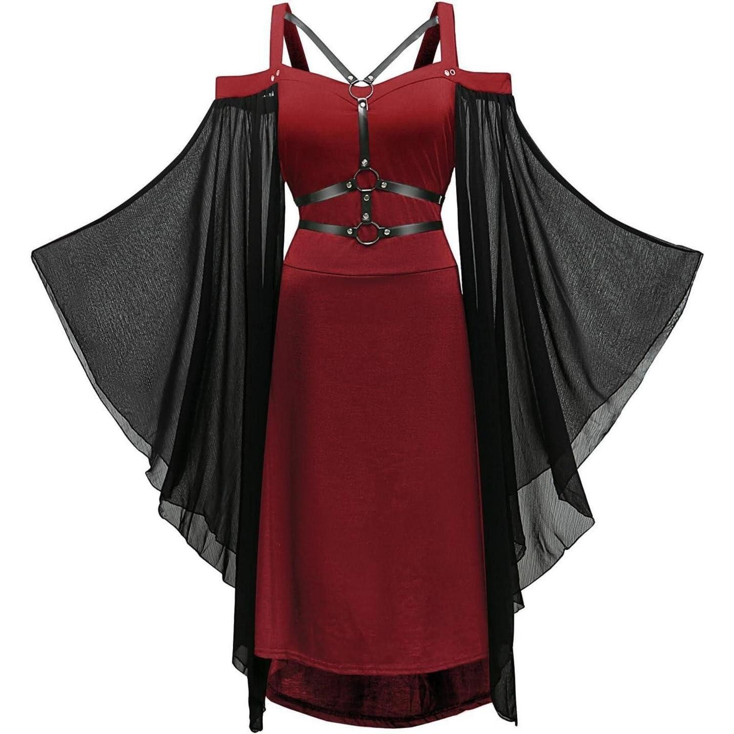 Hexen-Kostüm Kleid Gothic Damen Mittelalter Trompetenärmel Taille 4XL Rote