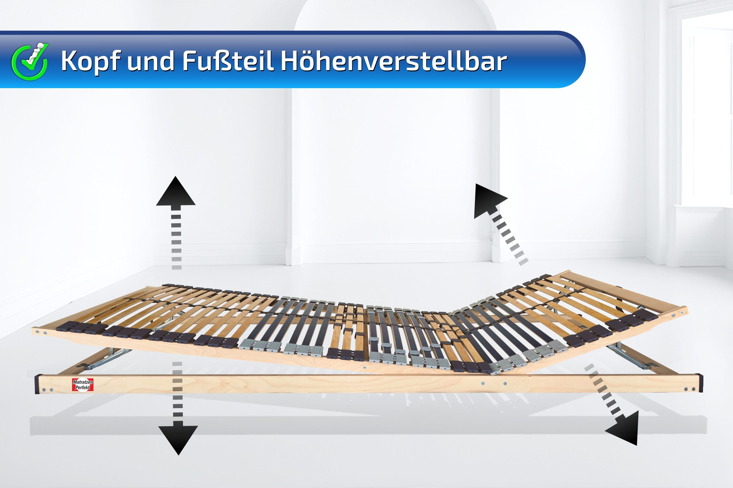 Lattenrost mit 42 Leisten, 100% Buche, 7 Zonen, MONTIERT bis 250 Kg BELASTBAR, Matratzen Perfekt, Kopfteil manuell verstellbar, Fußteil manuell verstellbar, Spar Set im Angebot vorhanden, Lattenrost mit Trio Kautschukkappen Top Lagerung der Leisten