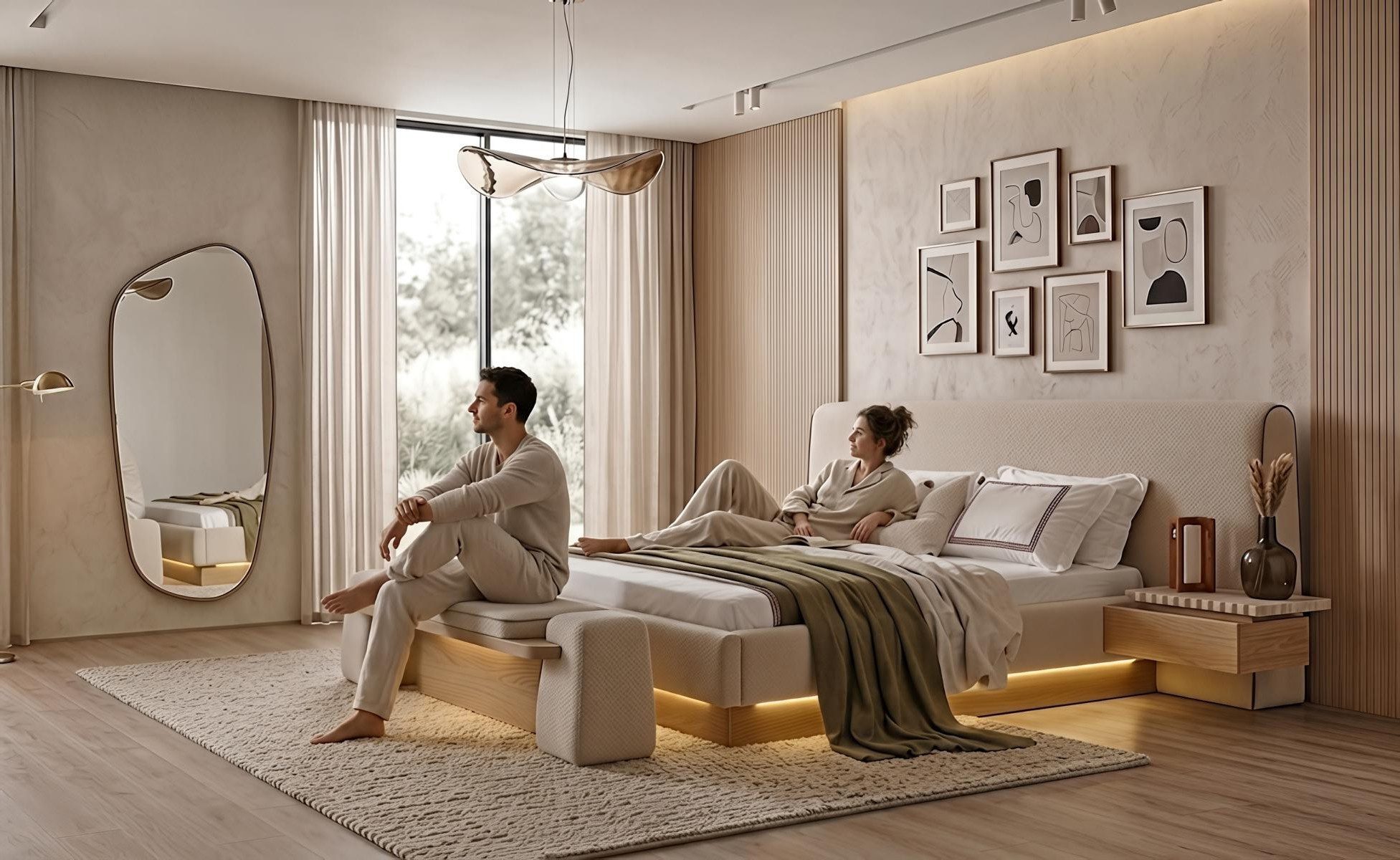Xlmoebel Bettbank Beige Sitzbank im modernen Design mit LED für das Schlafzimmer, Made in Europa