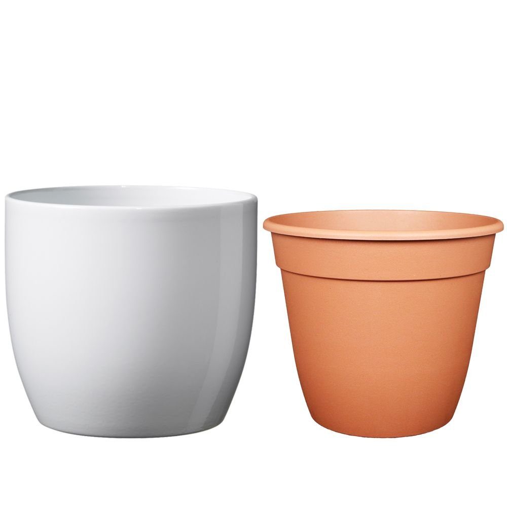 Heimwerkercenter Übertopf Set - Keramikübertopf Basel ø21 cm, weiss glänzend + Pflanztopf ø20