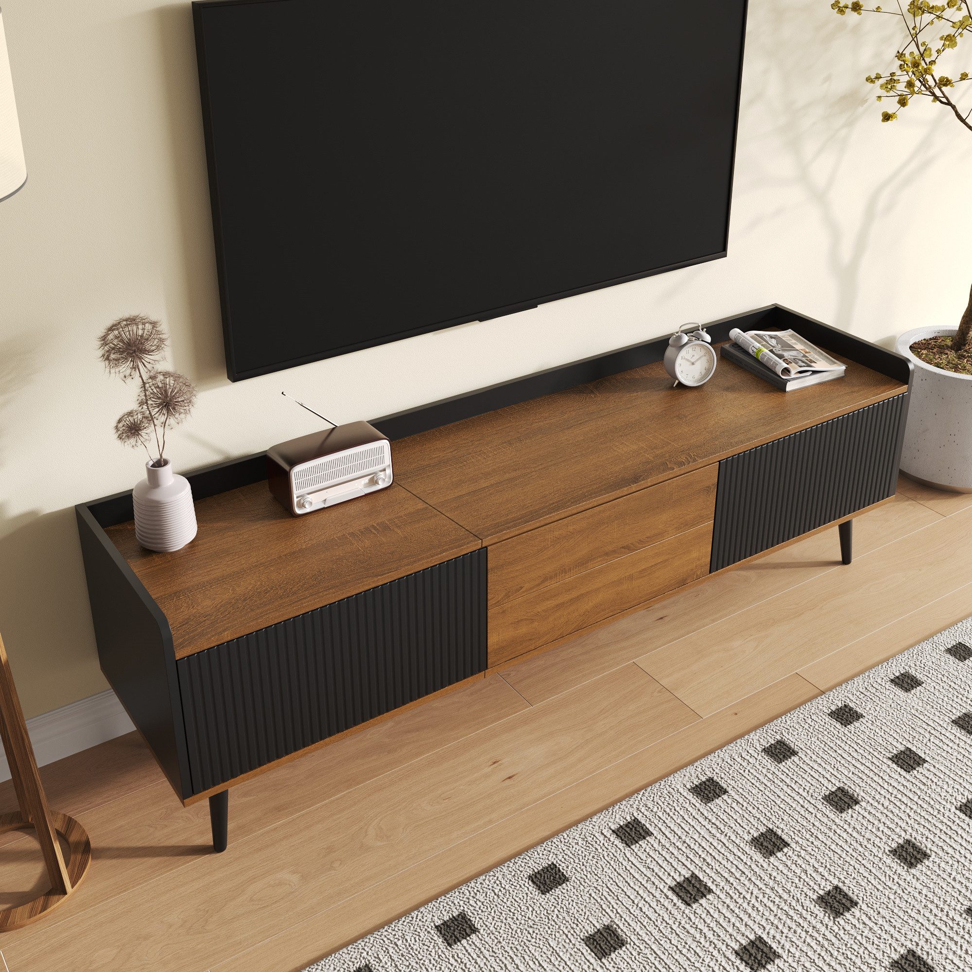Yorbay TV-Schrank dreitüriger Unterschrank Natur Holzfinish, für Fernsehen bis 70 Zoll Klassik TV Ständer mit 6 Füße, Großer Strauruam, 160x39x50cm