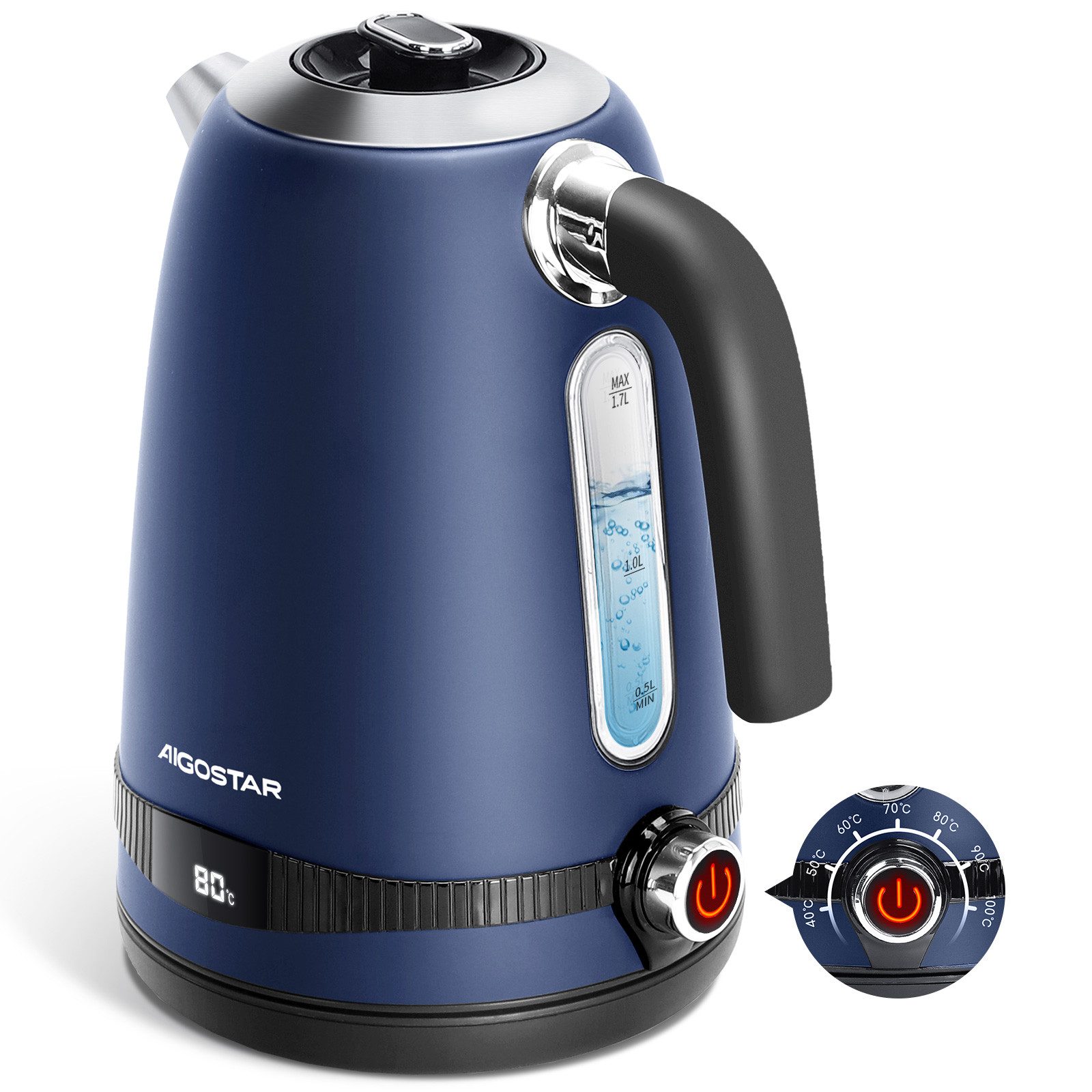 Aigostar Wasserkocher 1,7 L, 2200 W, mit Temperatureinstellung 40-100℃, Warmhaltefunktion, 2200,00 W, Digitaler Temperaturanzeige, Schnelles Kochen, Abnehmbarer Kalkfilter
