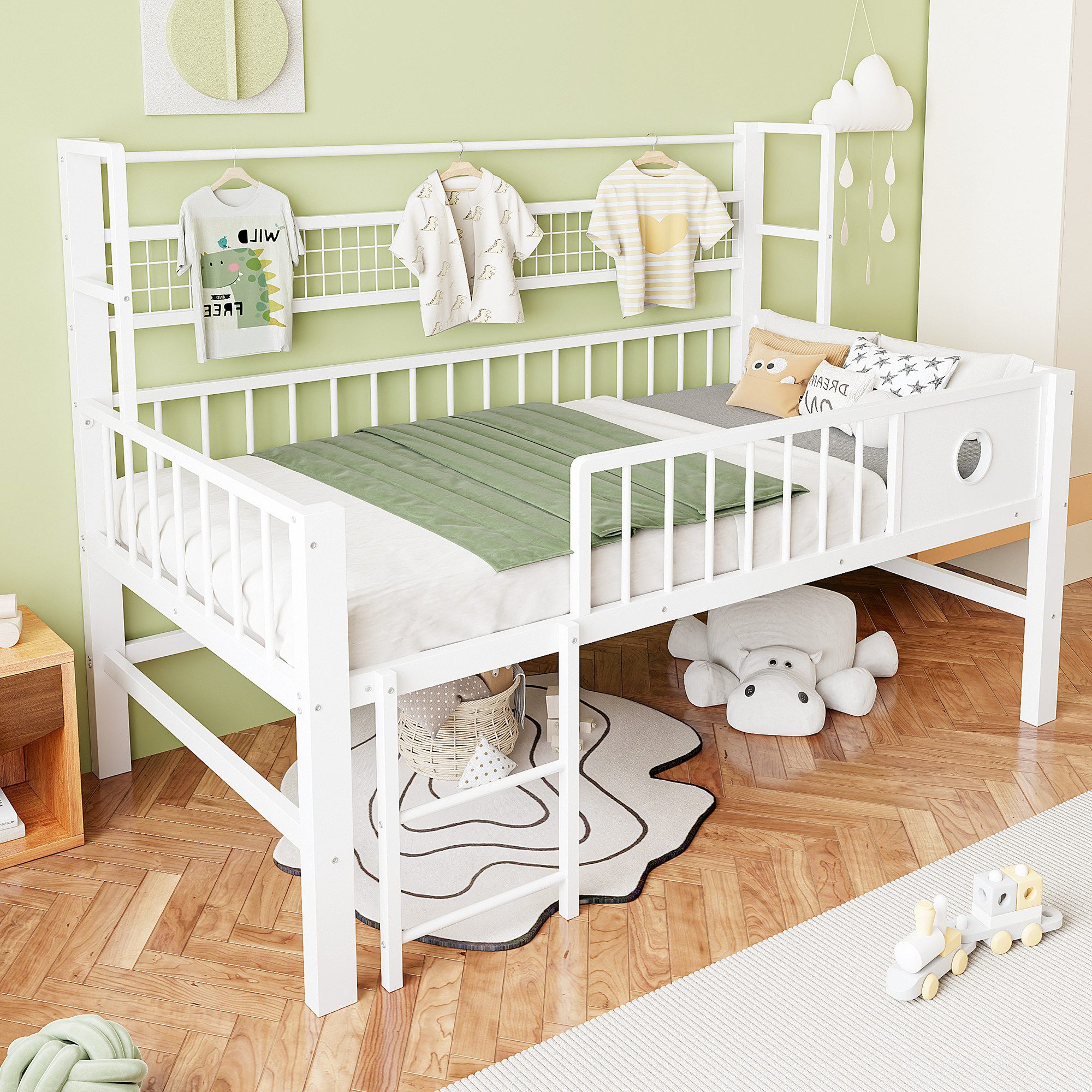 Odikalo Kinderbett 90x200 Hochbett Metallbett mit Stauraum unter dem Bett (Niedriges Hochbett mit Metallrahmen, geeignet für Kinder und Jugendliche)