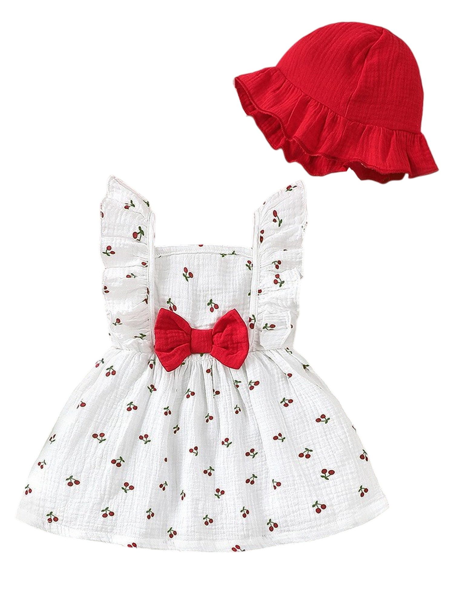 Lapastyle Druckkleid Baby Mädchen Kleidung, ärmelloses Rüschenkleid und Hut, 100% Baumwolle (Set, 2-tlg) Süßes A-Linien Kleid mit Herzmuster/Kirschmuster, für Freizeit, Partys