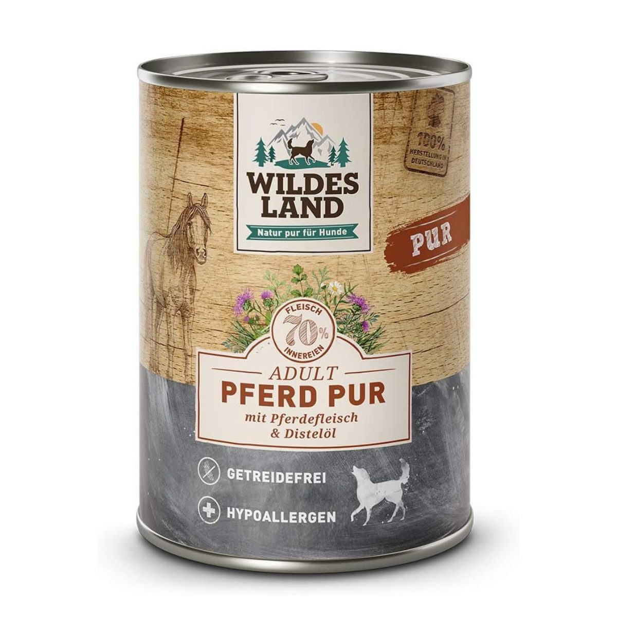 Wildes Land Pferd Pur mit Distelöl - hypoallergenes und getreidefreies Nassfutter 12x400g, Nassfutter für: Hunde