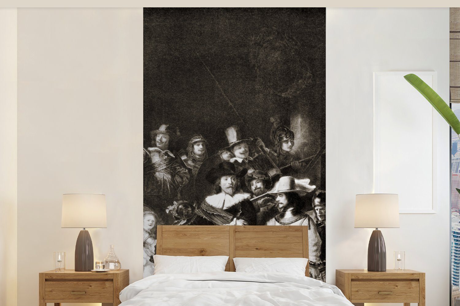 MuchoWow Fototapete Die Nachtwache in Schwarz und Weiß - Gemälde von Rembrandt van Rijn, Matt, bedruckt, (2 St), Vliestapete für Wohnzimmer Schlafzimmer Küche, Fototapete
