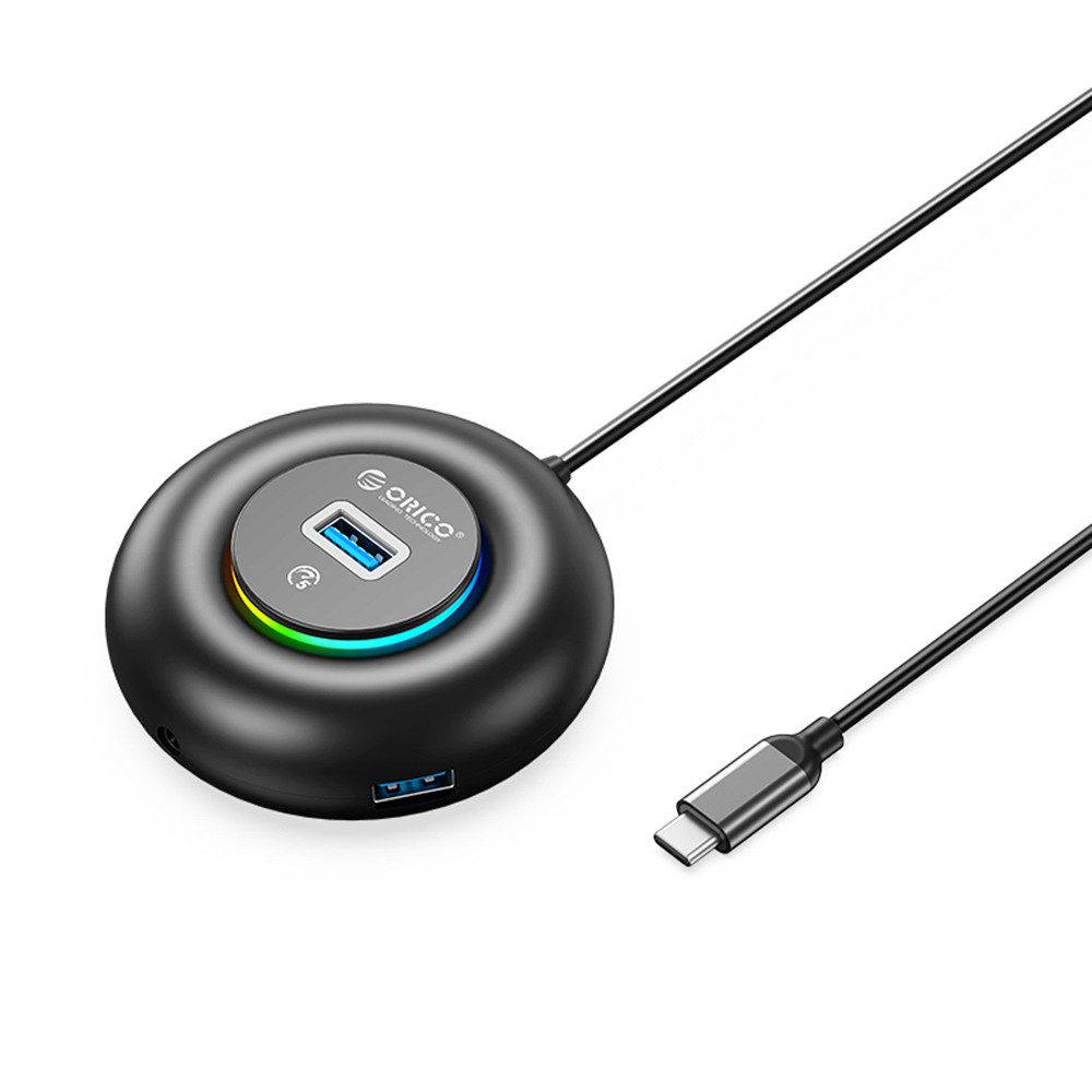 ORICO USB-Verteiler USB-Hub Mehrfachverteiler Anschlusserweiterung (Spar-Set, 1-St., 8 x 8 x 3 cm kompakt), RGB-Beleuchtung, 4x USB-A 3.0, 5 Gbit/s, 3,5-mm-Audio