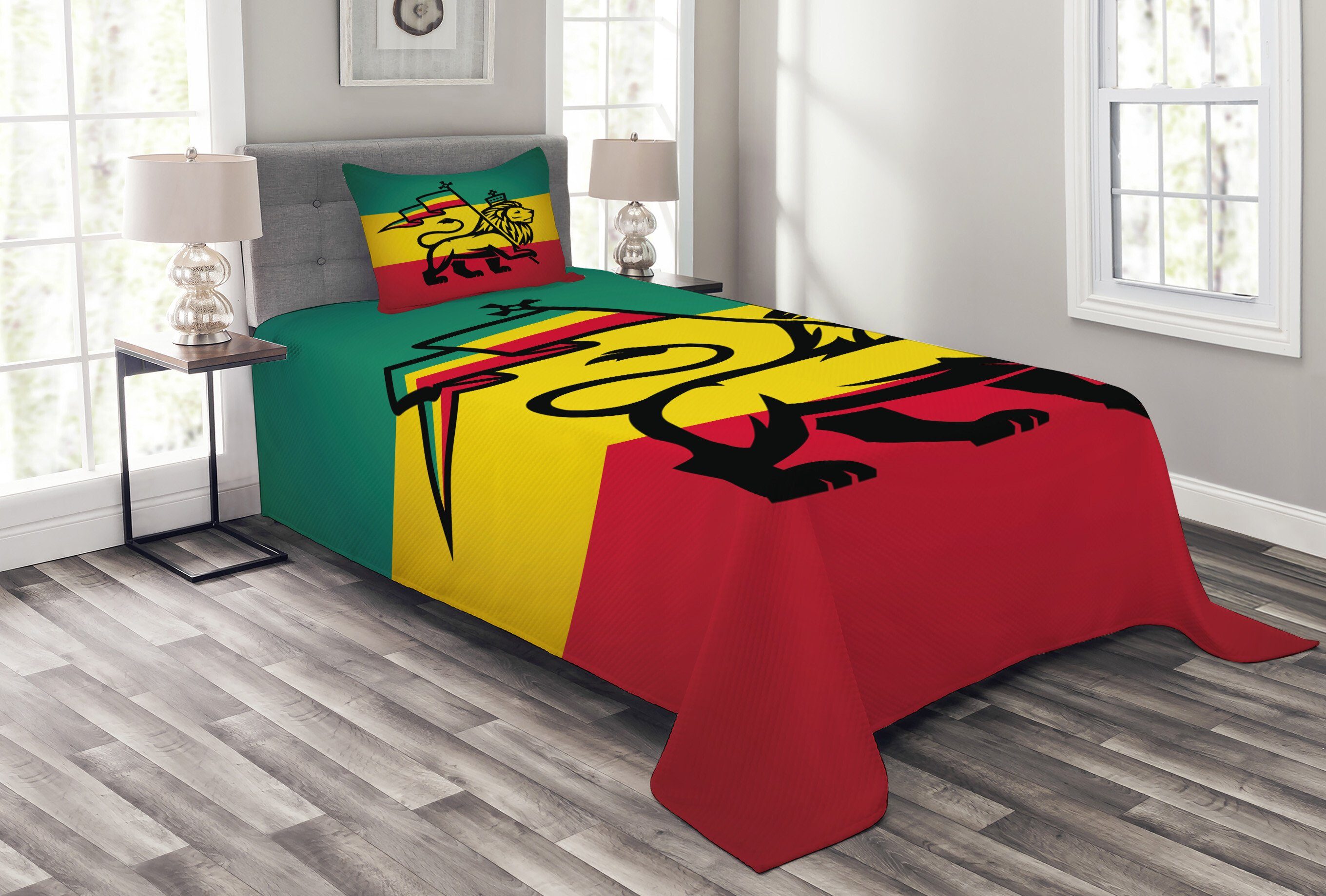 Tagesdecke Set mit Abakuhaus, Kissenbezügen Rasta Judah Lion Flagge Waschbar, Rastafari