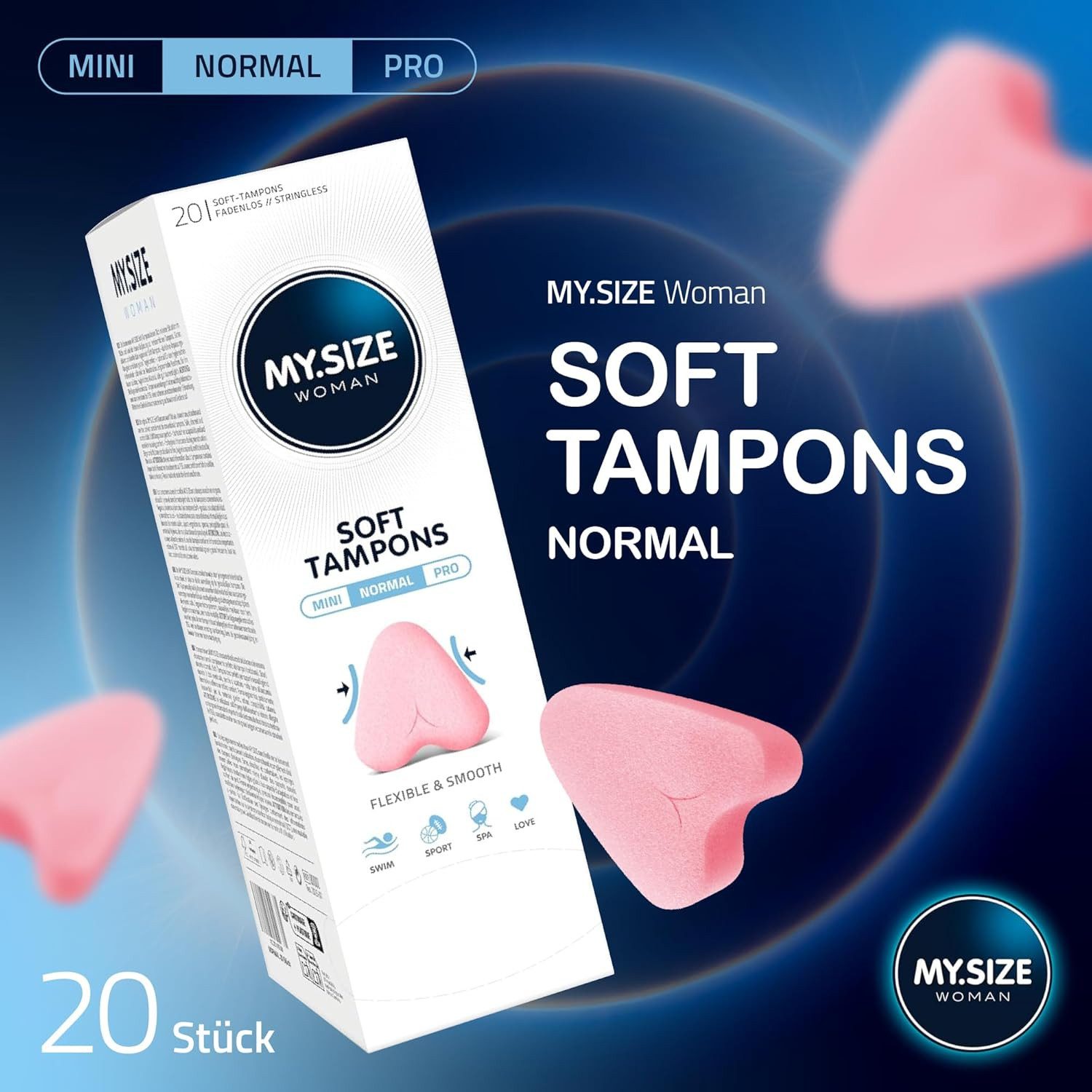 MY.SIZE Tampons Soft-Tampons, Fadenlose Freiheit für Spa, Sport und Love, Normal Gr., Fadenlose Tampons mit Lasche zum Entfernen