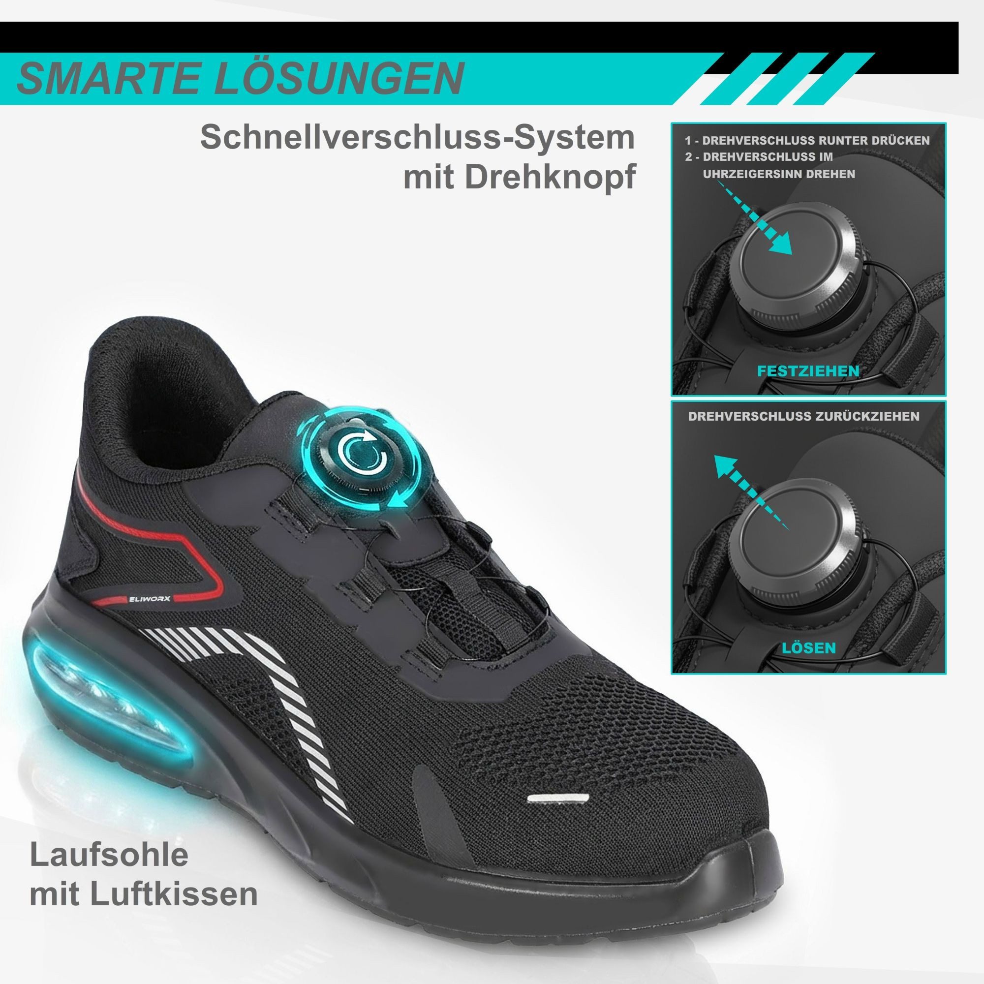 ELIWORX Sicherheitsschuhe S3S SR mit Schnellverschluss - Arbeitsschuhe Herren Arbeitsschuh EN ISO 20345:2022+A1:2024 - Mit Stahlkappe - Herausnehmbares Fußbett