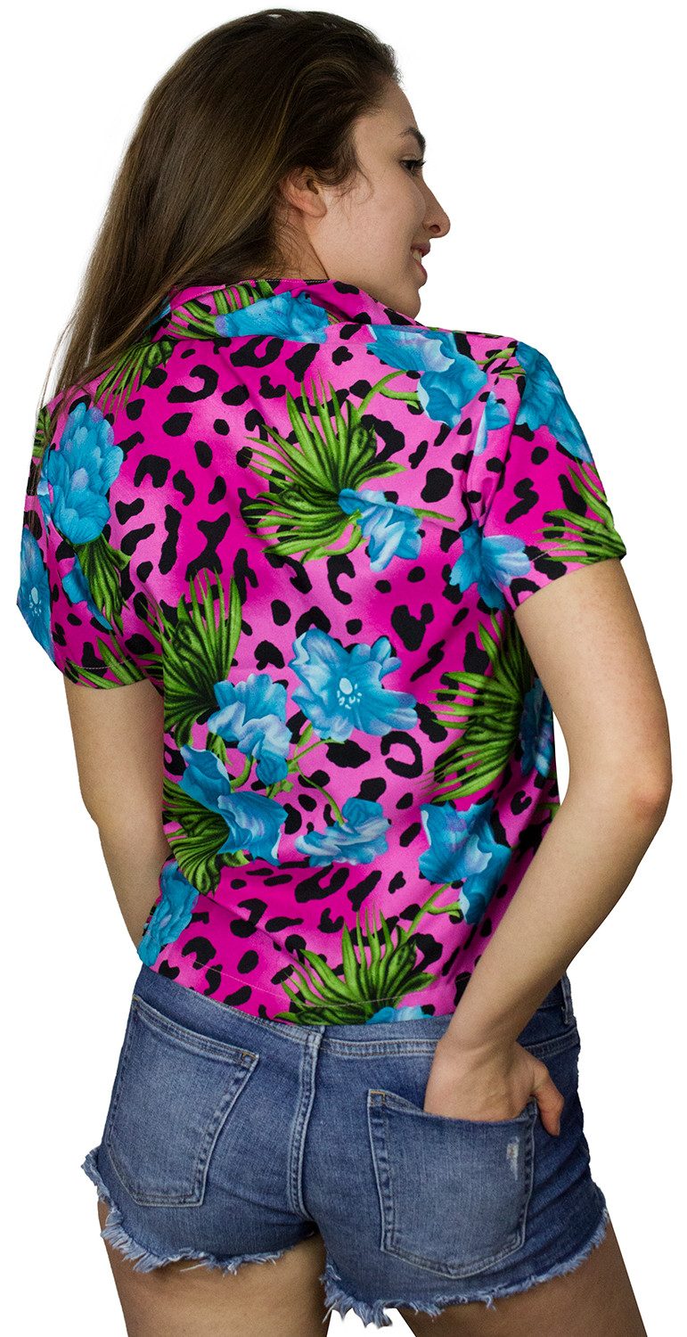 King Kameha Hawaiihemd Leopard Flowers Funky Hawaiibluse Damen Kurzarm Front-Tasche Stylish