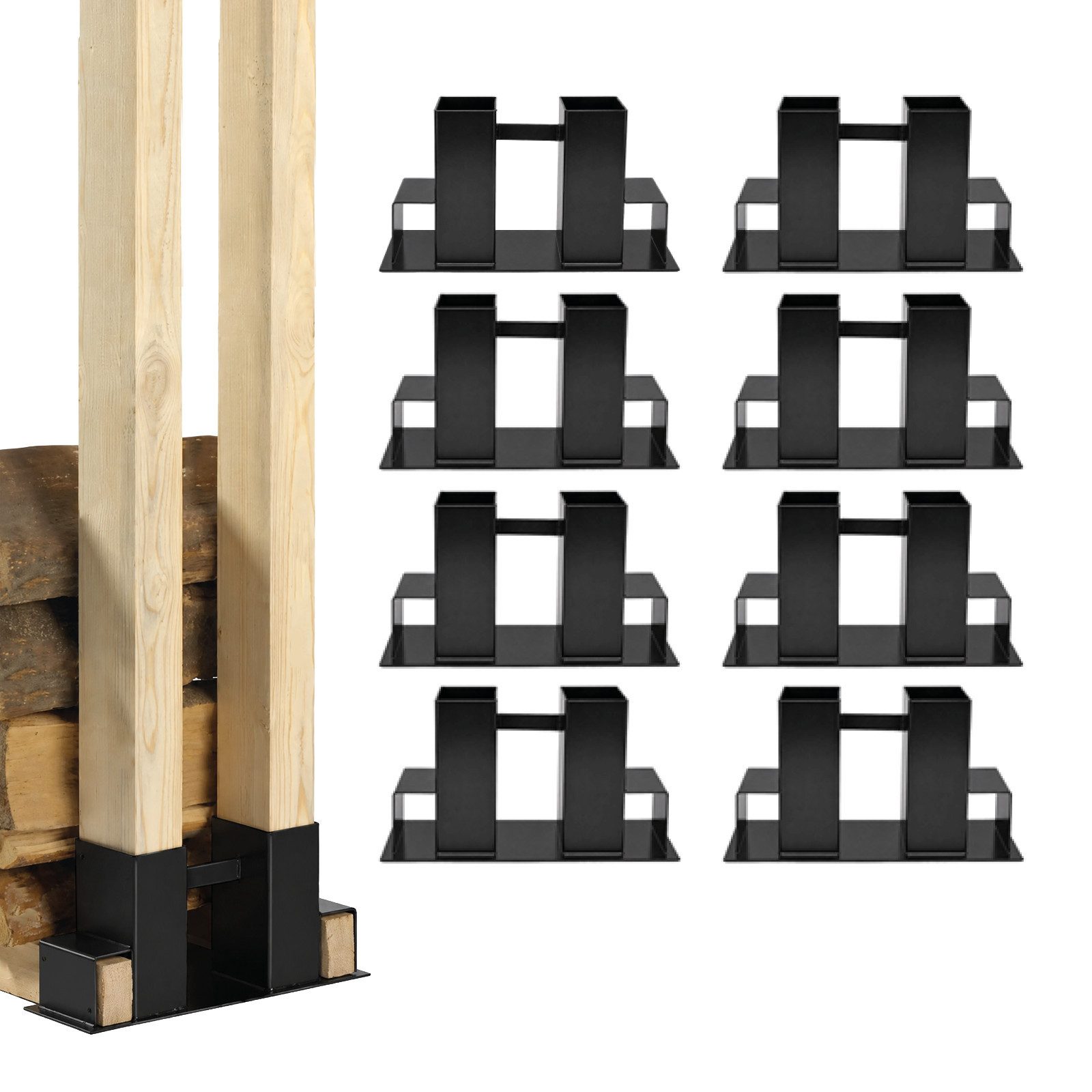 TRUTZHOLM Kaminholzregal Holzstapelhilfe 8 Stk. Halterung 34 x 10 cm lackierter Stahl schwarz, BxTxH:10x34x15 cm, (2er Set, 2-St), Geeignet für Kanthölzer 70x70 mm (senkrecht) und 40x60 mm (waagerecht)