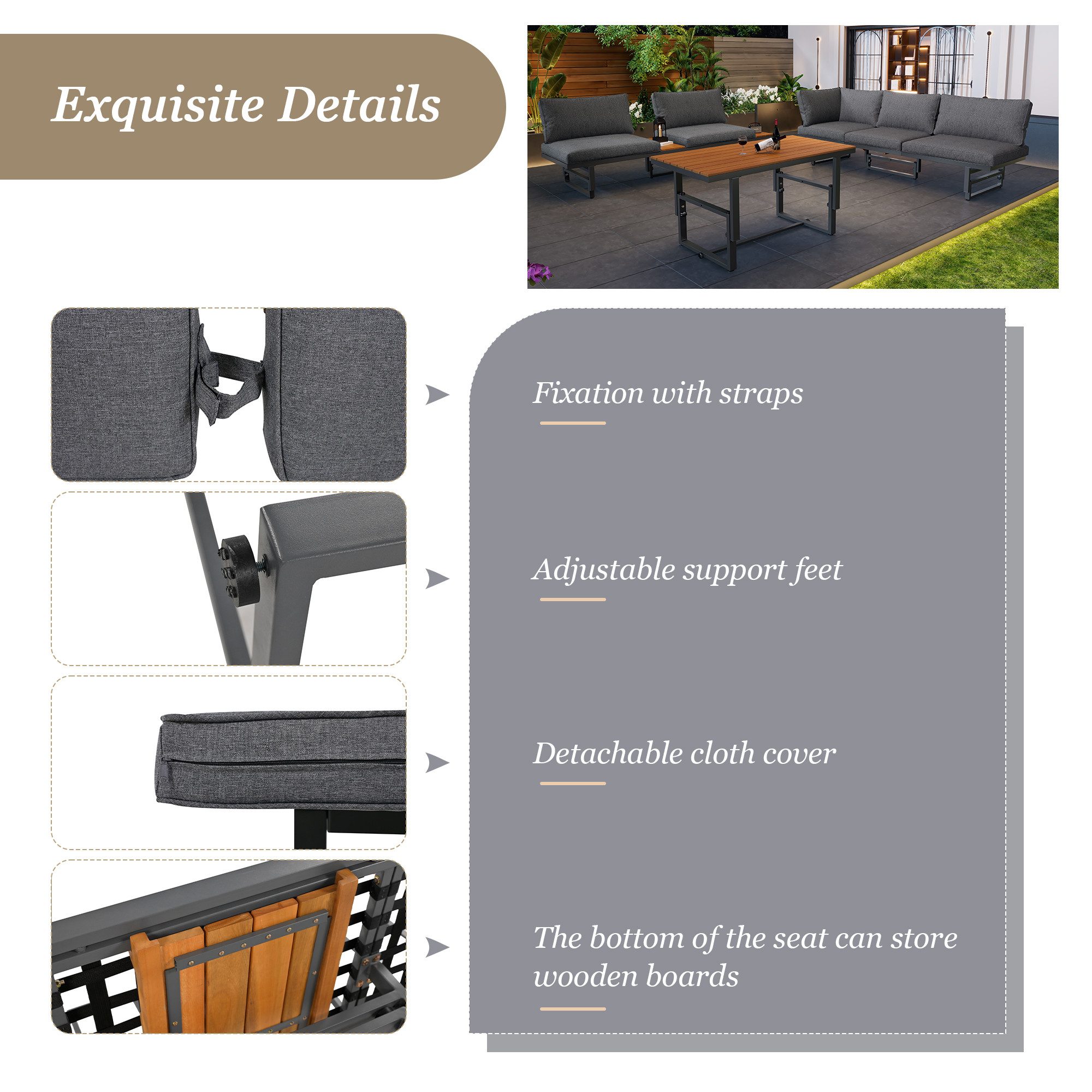 Merax Gartenlounge-Set mit verstellbaren Module, (3-tlg., 2 Bänke, 1 Tisch), Gartenmöbel Set Akazie, höhenverstellbar, Balkonmöbel, Sitzgruppe