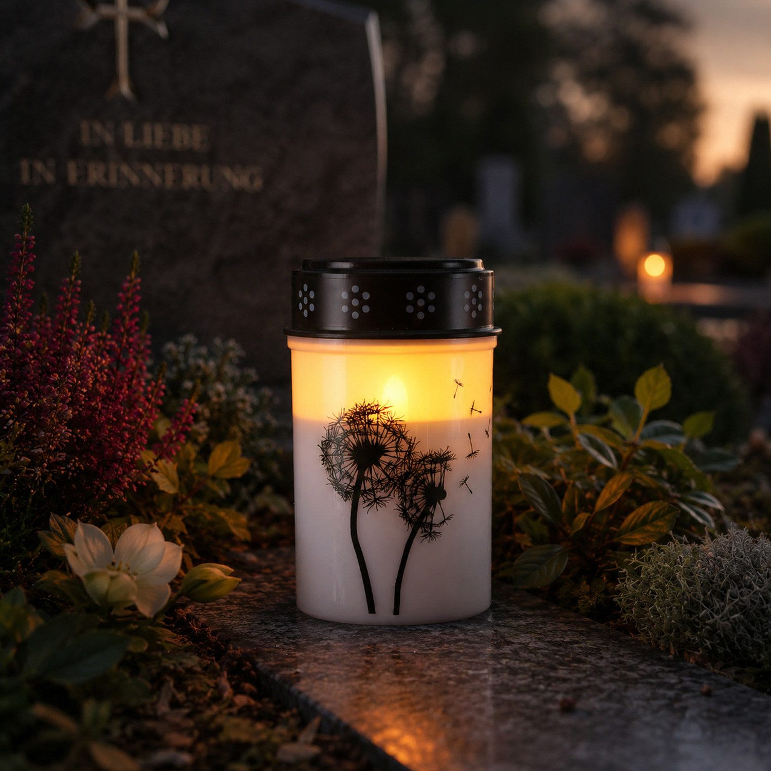 MARELIDA LED-Kerze LED Grablicht Grabkerze Pusteblume bis 2500 Std. Friedhofskerze 12cm, LED Classic, warmweiß (2100K bis 3000K)