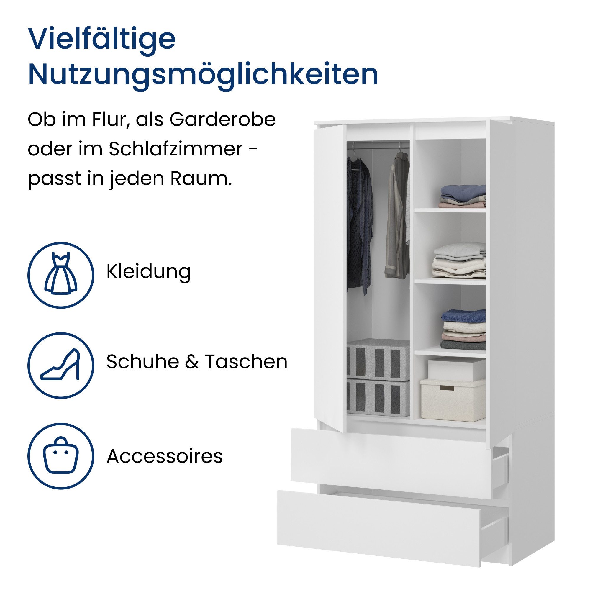 Home Collective Kleiderschrank Schrank 90cm breit mit 2 Schubladen, 3 Einlegeböden und Kleiderstange (Haushaltsschrank Schrank Organizer für Schlafzimmer Flur Keller Büro) robust & vielseitig viel Stauraum 90x50x180 (BxTxH) weiß