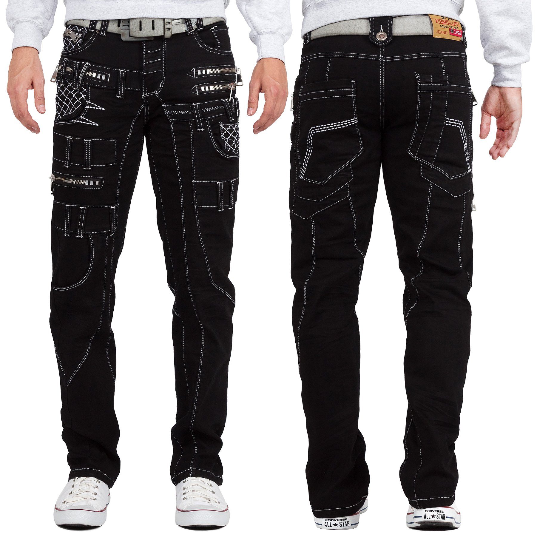 Kosmo Lupo 5-Pocket-Jeans Auffällige Herren Hose BA-KM009-1 Schwarz W33/L32 (1-tlg) Markantes Design mit Aufgesetzten Applikationen
