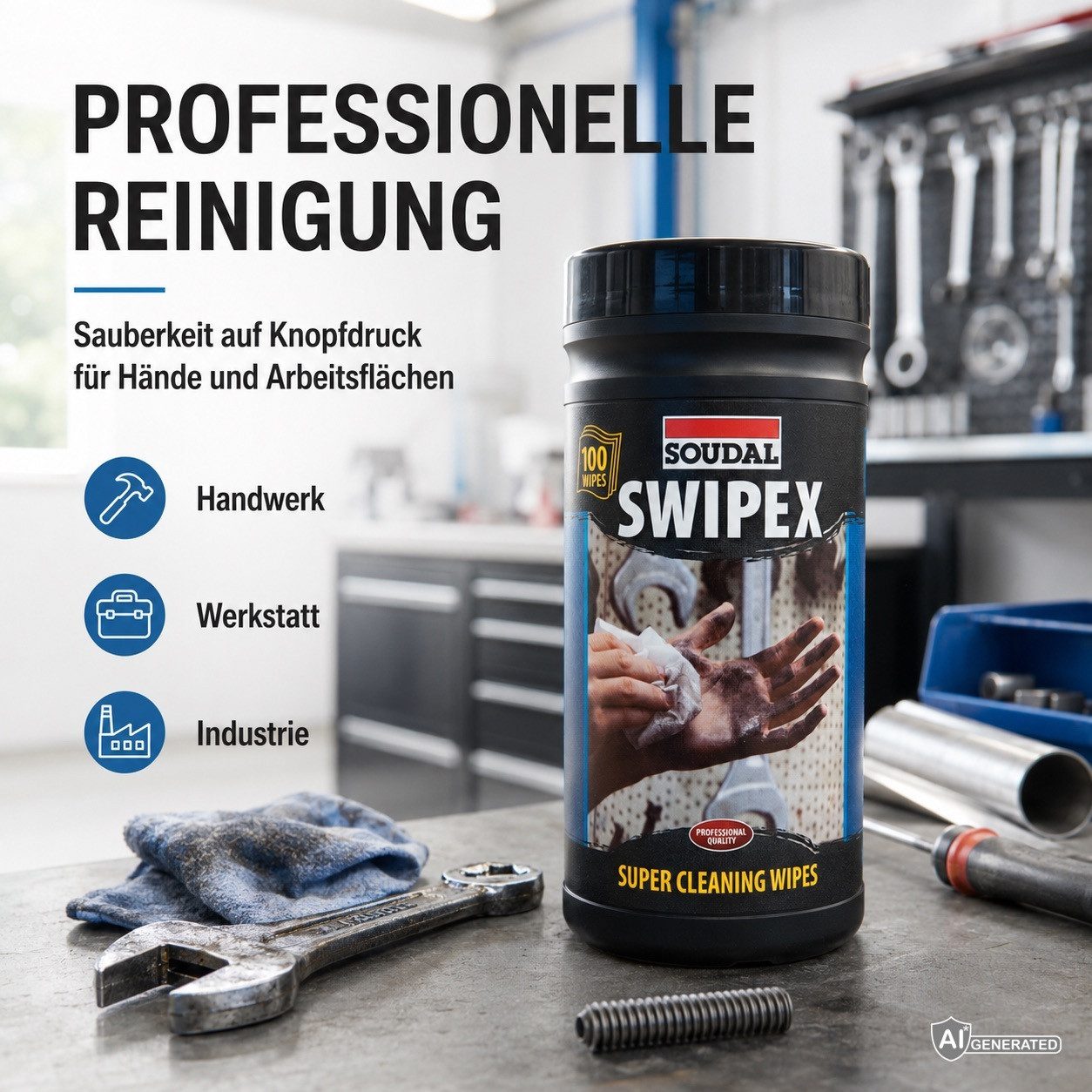 SOUDAL Swipex Reinigungstücher - 100 extra große Reinigungstücher (Extra große Tücher für Werkstatt, Montage & Baustelle)
