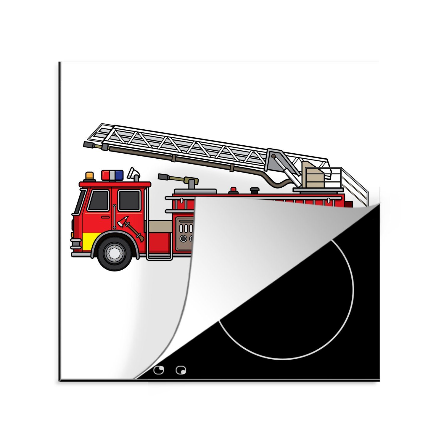 MuchoWow Herdblende-/Abdeckplatte Illustration eines Feuerwehrautos für Kinder, Vinyl, (1 tlg), 78x78 cm, Ceranfeldabdeckung, Arbeitsplatte für küche