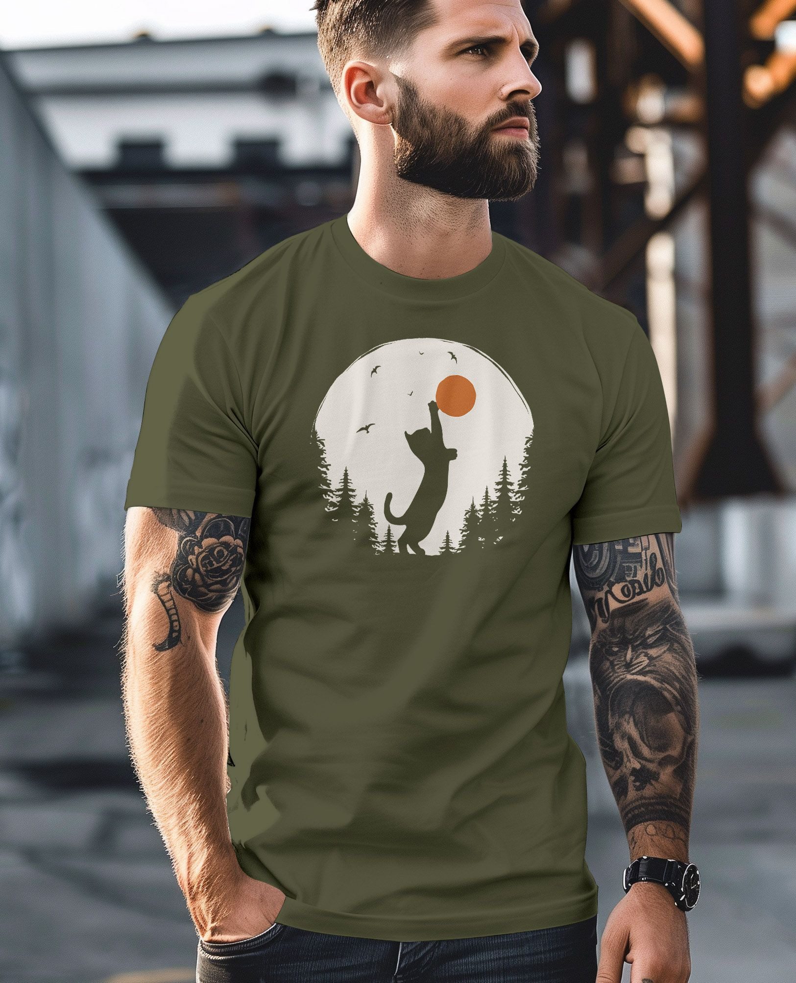 Neverless Print-Shirt Herren T-Shirt Frontprint Katze Silhouette Natur Aufdruck Printshirt mit Print – Bild 4 von 4