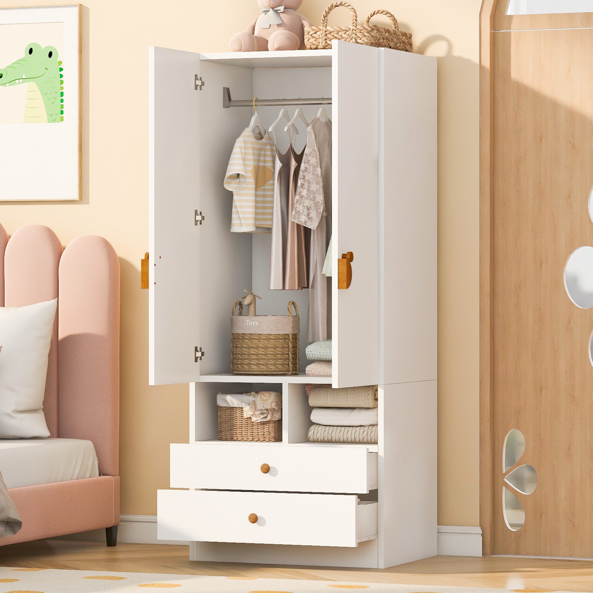 OKWISH Kleiderschrank Garderobenschrank (Einzelkleiderschrank 70x50x170 cm mit 2 Schubladen, Cartoon-Türgriffen und praktischen Ablagefächern, Schlafzimmerschrank für Kinder- und Jugendzimmer)