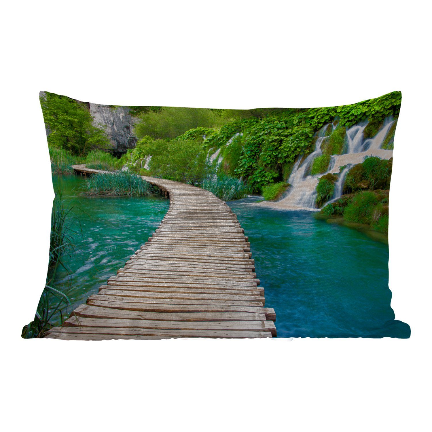 MuchoWow Dekokissen Brücke - Wasser - Pflanzen - Wasserfall - Grün, Outdoor-Dekorationskissen, Polyester, Dekokissenbezug, Kissenhülle
