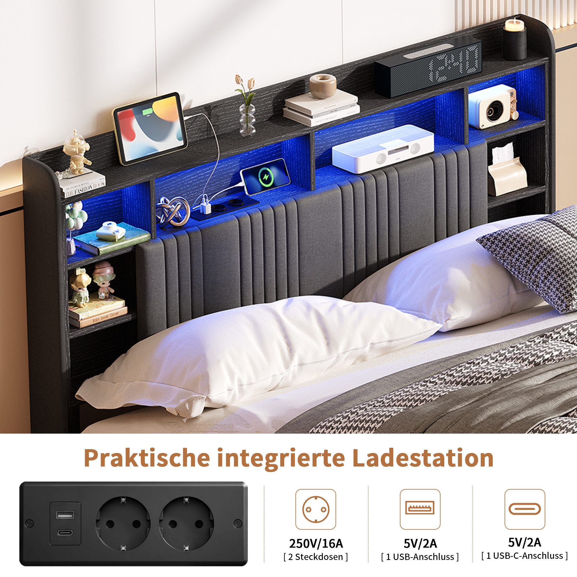ADWOLT Polsterbett Stauraumbett Doppelbett Mit Bettkasten (Packung, 1-tlg), 160x200 cm,USB + Typ-C,2 Ladebuchsen,LED-Leuchten,Leinenstoff - Grau